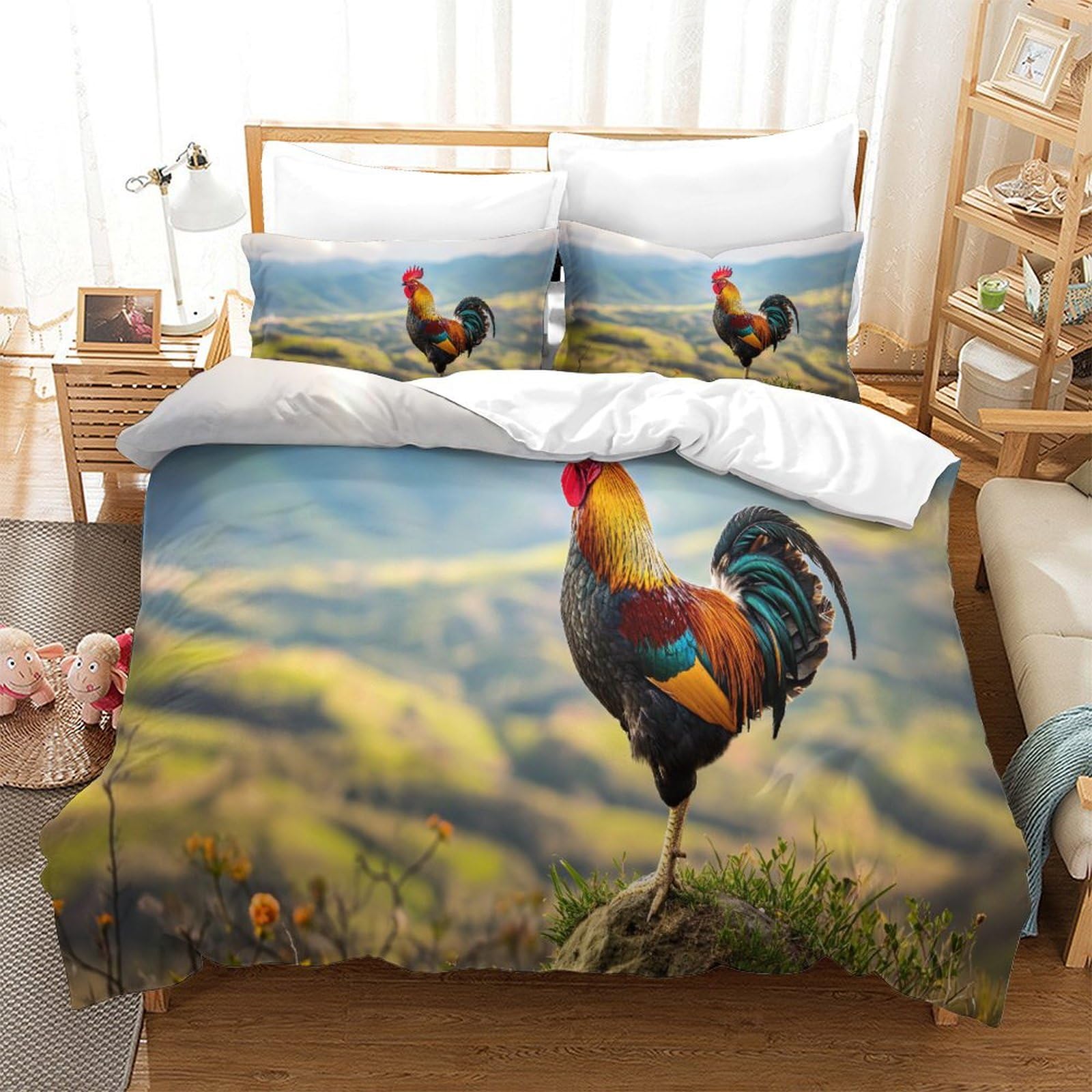 P1s9u7w5y Gallic Rooster-6 3D Printed Rural Rooster Duvet Cover Set 3Pcs Microfiber Countryside Bedding Set Double（200X200cm）
