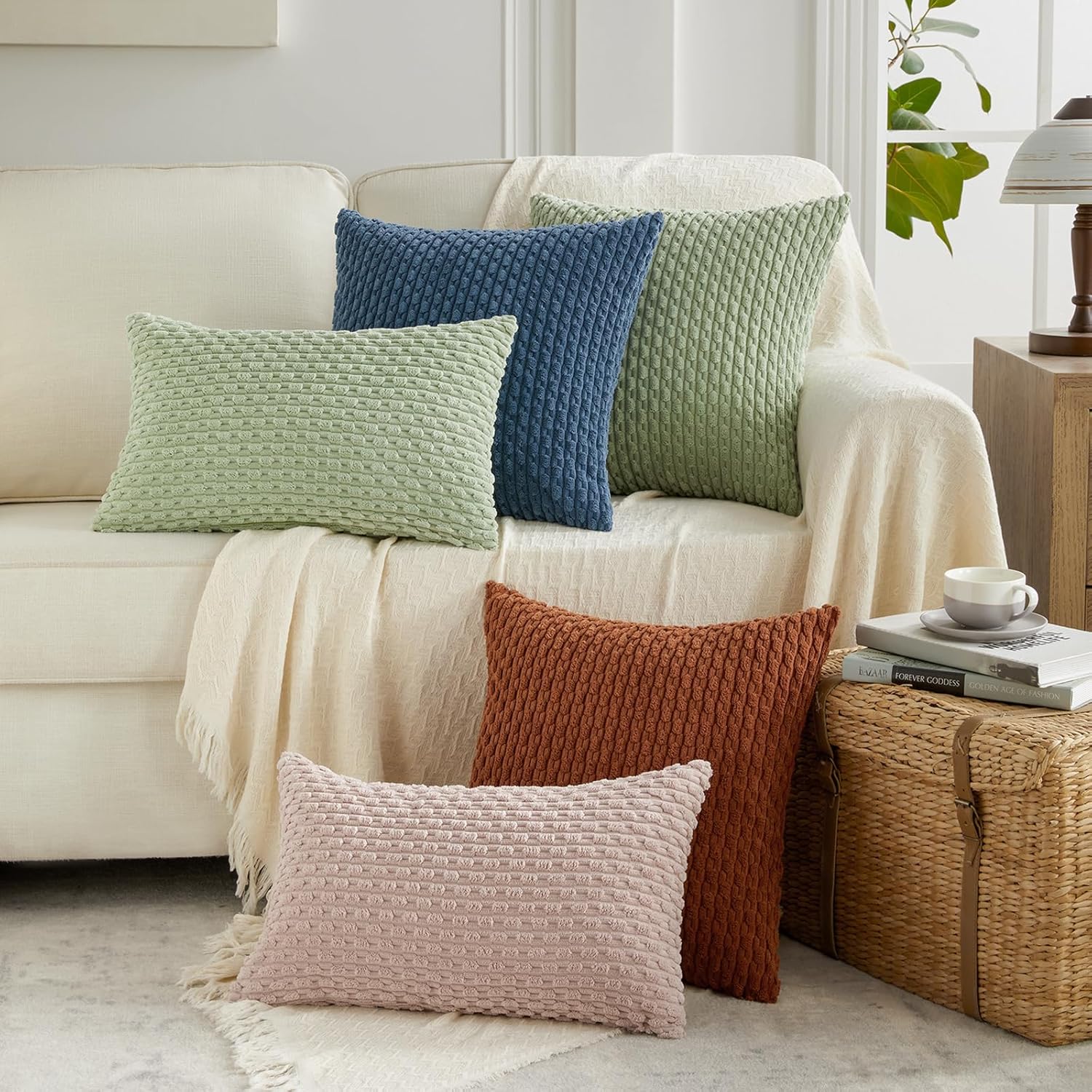 Fancy Homi 2 Packs Dusty Blue Decorative Throw Pillow Covers 12x20 Inch for Couch Bed Sofa, Modern Farmhouse Boho Home Decor, Soft Cute Plush Corduroy Cushion Case 30x50 CM - Image 6