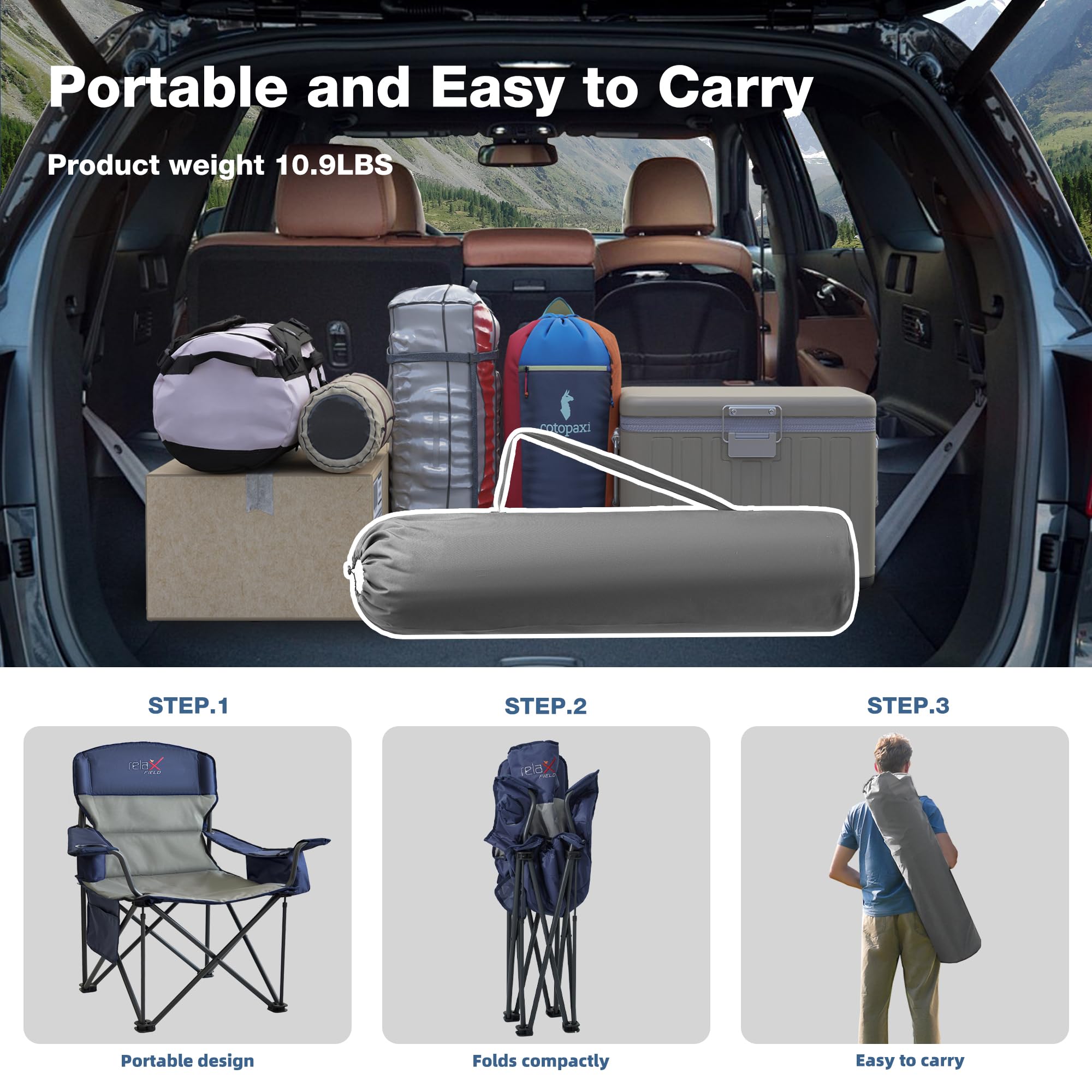Chaise De Camping Pliante RELAX FIELD – Extra Solide 200 Kg, Avec Accoudoir, Porte-gobelet Et Sac De Transport