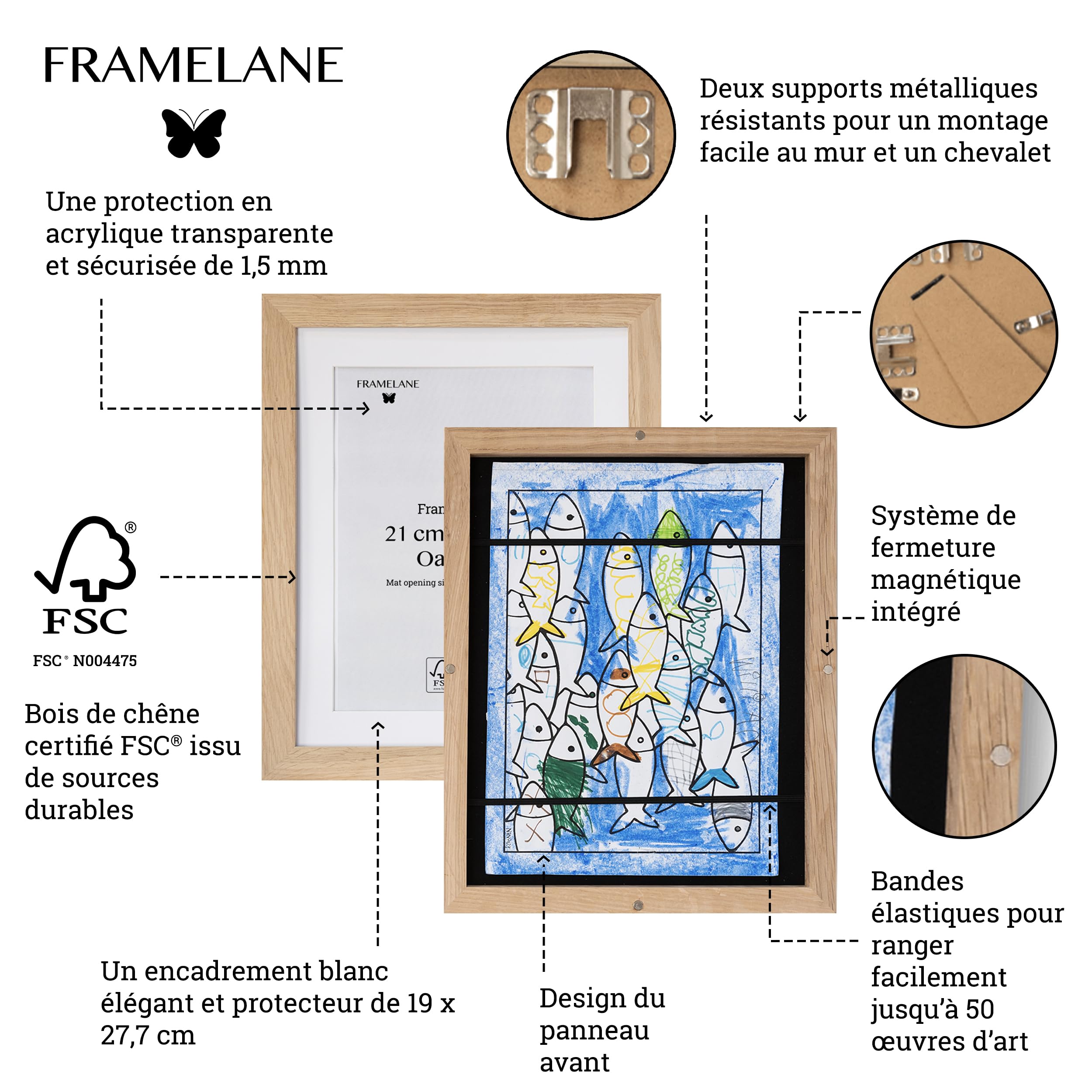 Lot de 2 cadres photo A4 pour enfants - Design naturel, support intégré, clips, fermetures magnétiques et bandes élastiques pour ranger les dessins - Chêne naturel