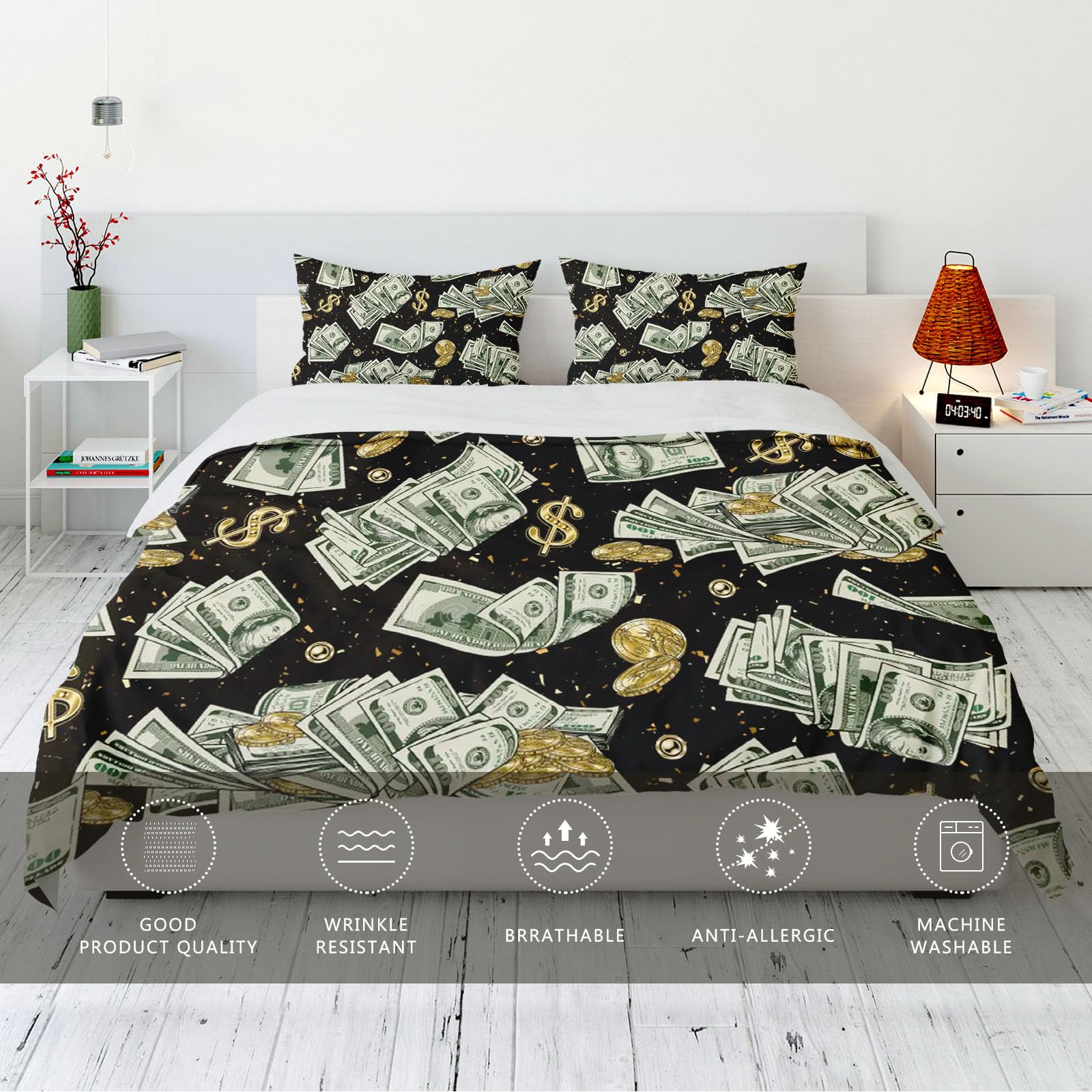 Ropa de cama de 135 x 200 cm, con billetes en efectivo, funda nórdica para niños, billetes de 100 dólares, suave microfibra, juego de ropa de cama con cremallera y 2 fundas de almohada (5,