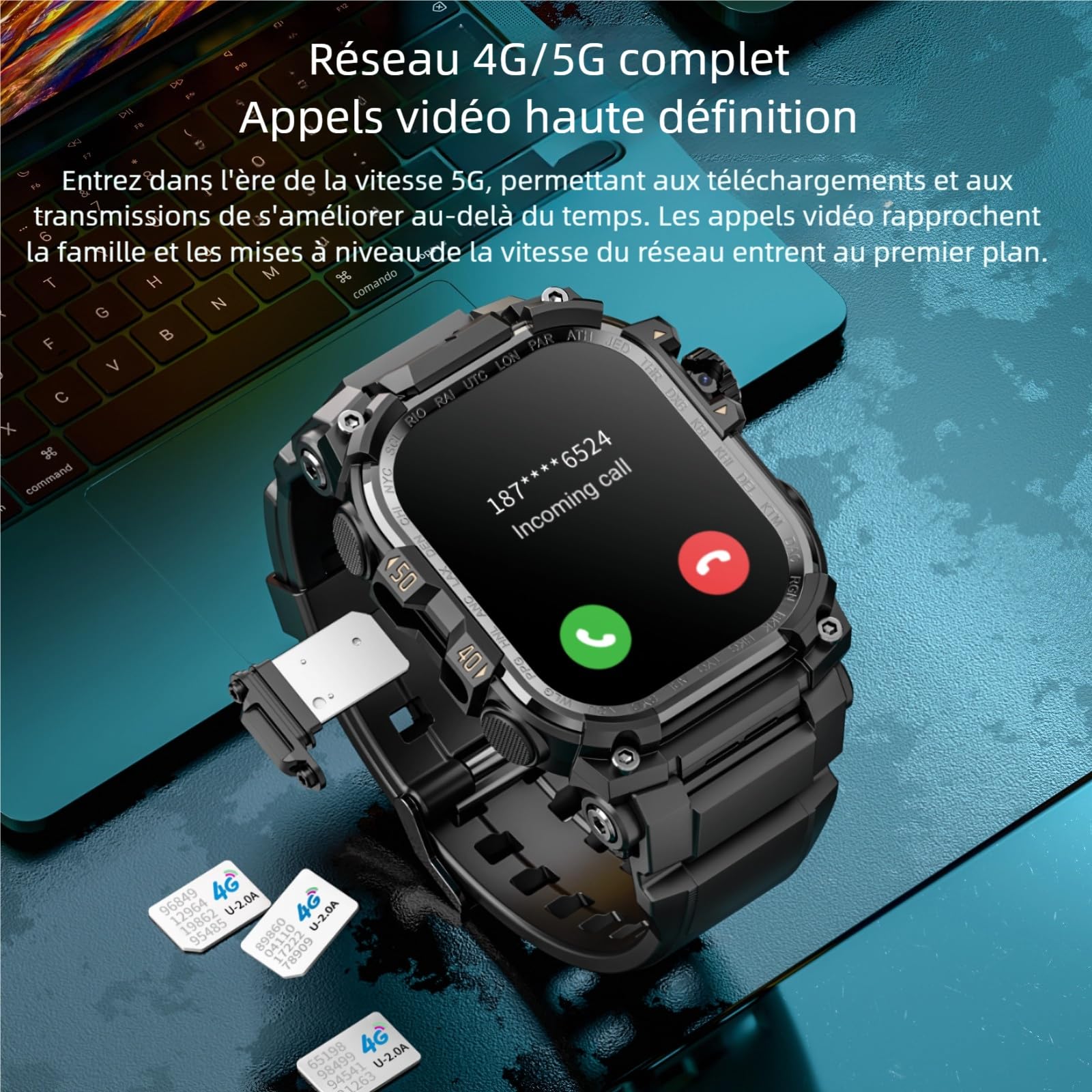 LOKMAT Montre intelligente 4G avec grand écran AMOLED 2,06", 3 Go + 32 Go, pour homme, militaire, robuste, sport, Android, montre connectée avec GPS, appareil photo rotatif, montre de fitness pour