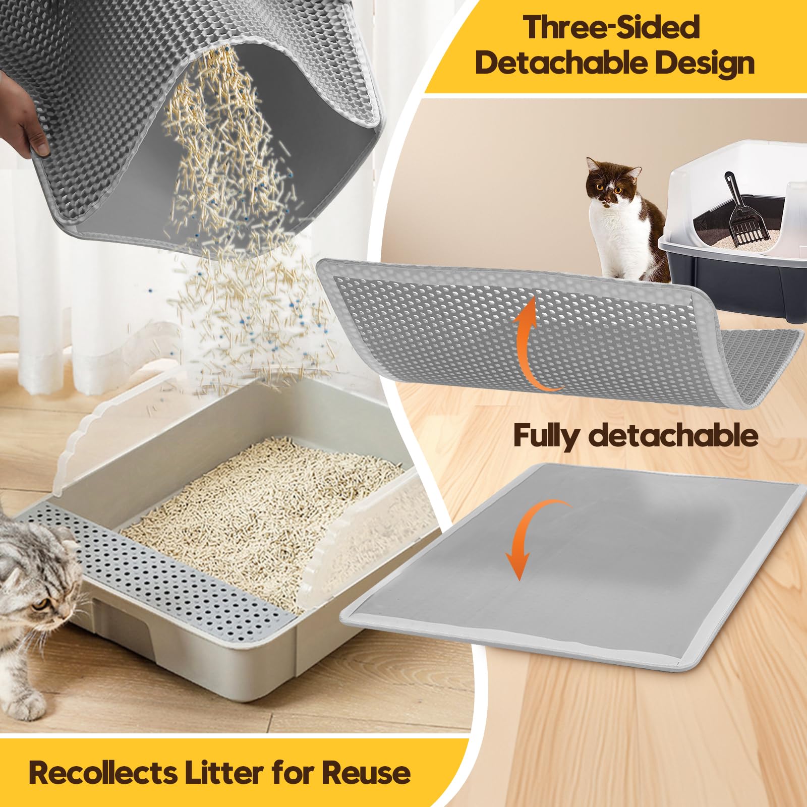 Cat Litter Mat, 30"x 24" Honeycomb Cat Litter Trapping Mat, Detachable Double Layer Cat Litter Box Mat, Urine Proof Waterproof Kitty Litter Mat, EVA Cat Litter Catcher Mat, Easy Clean, Washable, Gray - image 4