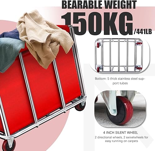 Miniatura 3 de Carrito de lavandería comercial con ruedas, cubos grandes de lavandería de 11.35 bushel con cesta de forro de lona impermeable extraíble, cestas de