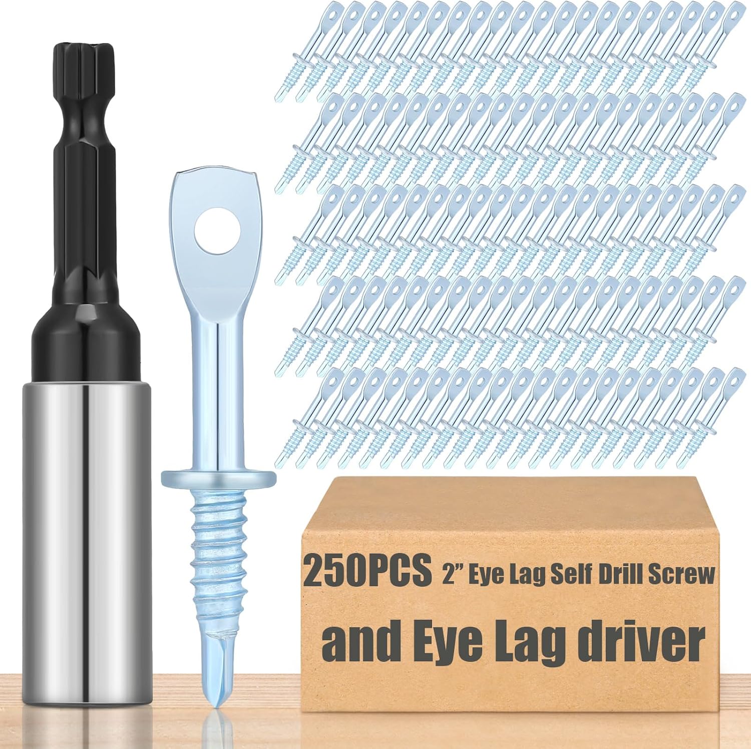250 Pcs 2" Eye Lag Self Tapping Drilling Point Screw Zinc and 1pcs 2-5/8" Driver, Sturdy Eye Lag Self Drill Screw for Accommodates Jack Chain Ceiling Wire or Threaded Rod