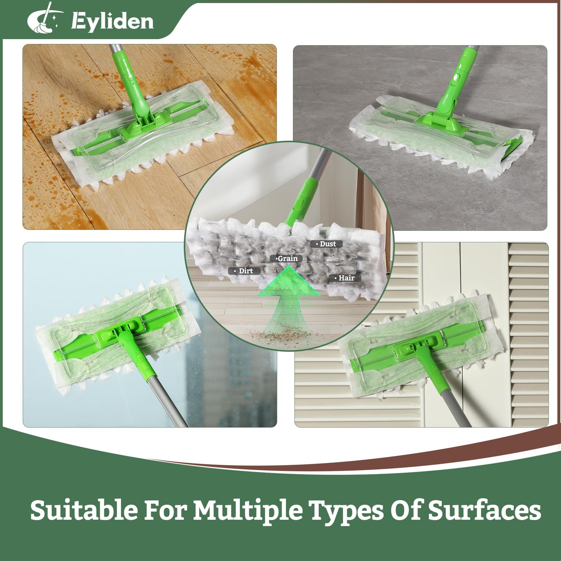 Eyliden Kit de iniciación de fregona con 36 recambios (12 toallitas húmedas + 24 paños Secos), fregonas Desechables 3 en 1 para Limpiar Suelos, mopas de Suelo seco y húmedo para Azulejos de Madera