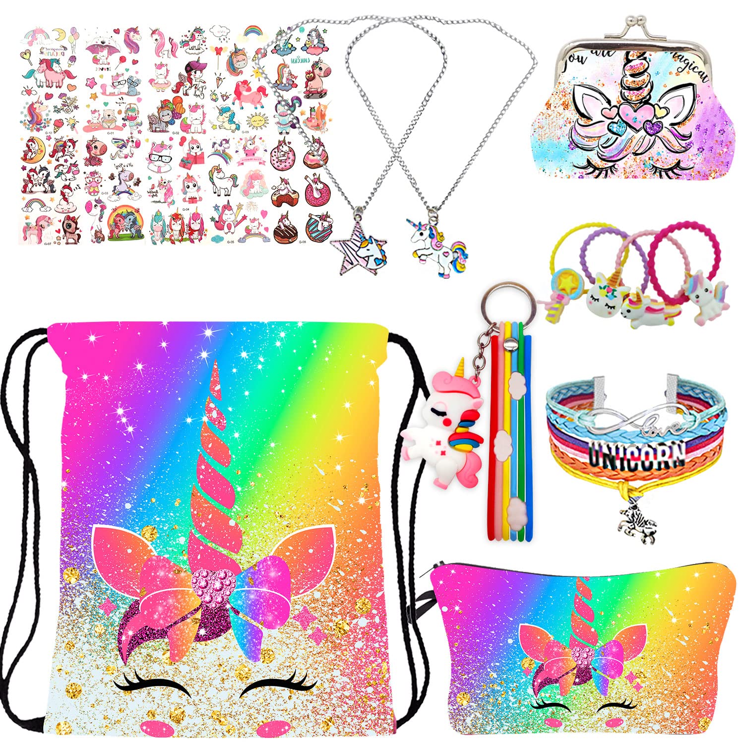 RLGPBON Unicorn Gifts for Girl Drawstring Backpack/Makeup Bag/Unicorn Pendant Necklace/Bracelet/Hair Ties, Color 14