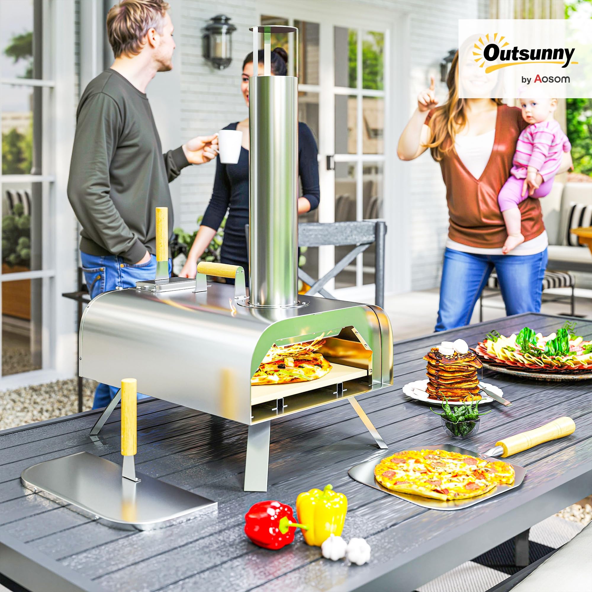 Outsunny Four à pizza extérieur portable à bois ou à pellet avec pierre à pizza, pieds pliables, acier inoxydable