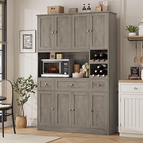 BOTLOG Pantry Organizers and Storage Cabinet, 72” Tall Kitchen Pantry Storage Cabinet with Microwave Stand, Wine Rack, Drawers and Adjustable Shelf for Dining Room, Living Room, Home BarAsh Grey