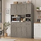BOTLOG Pantry Organizers and Storage Cabinet, 72” Tall Kitchen Pantry Storage Cabinet with Microwave Stand, Wine Rack, Drawers and Adjustable Shelf for Dining Room, Living Room, Home BarAsh Grey