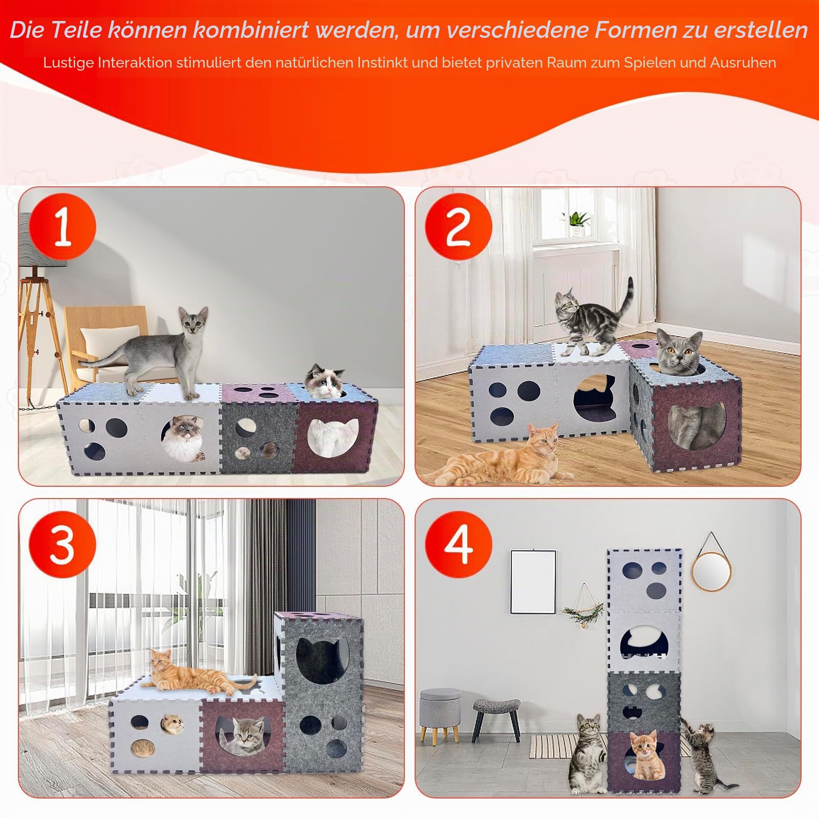 18 Stück Katzentunnel, DIY transformierbare Peekaboo Katzenhöhle, kratzfester Filz-Katzentunnel, Filz-Katzen-Versteckhöhle mit interaktiven Blicklöchern