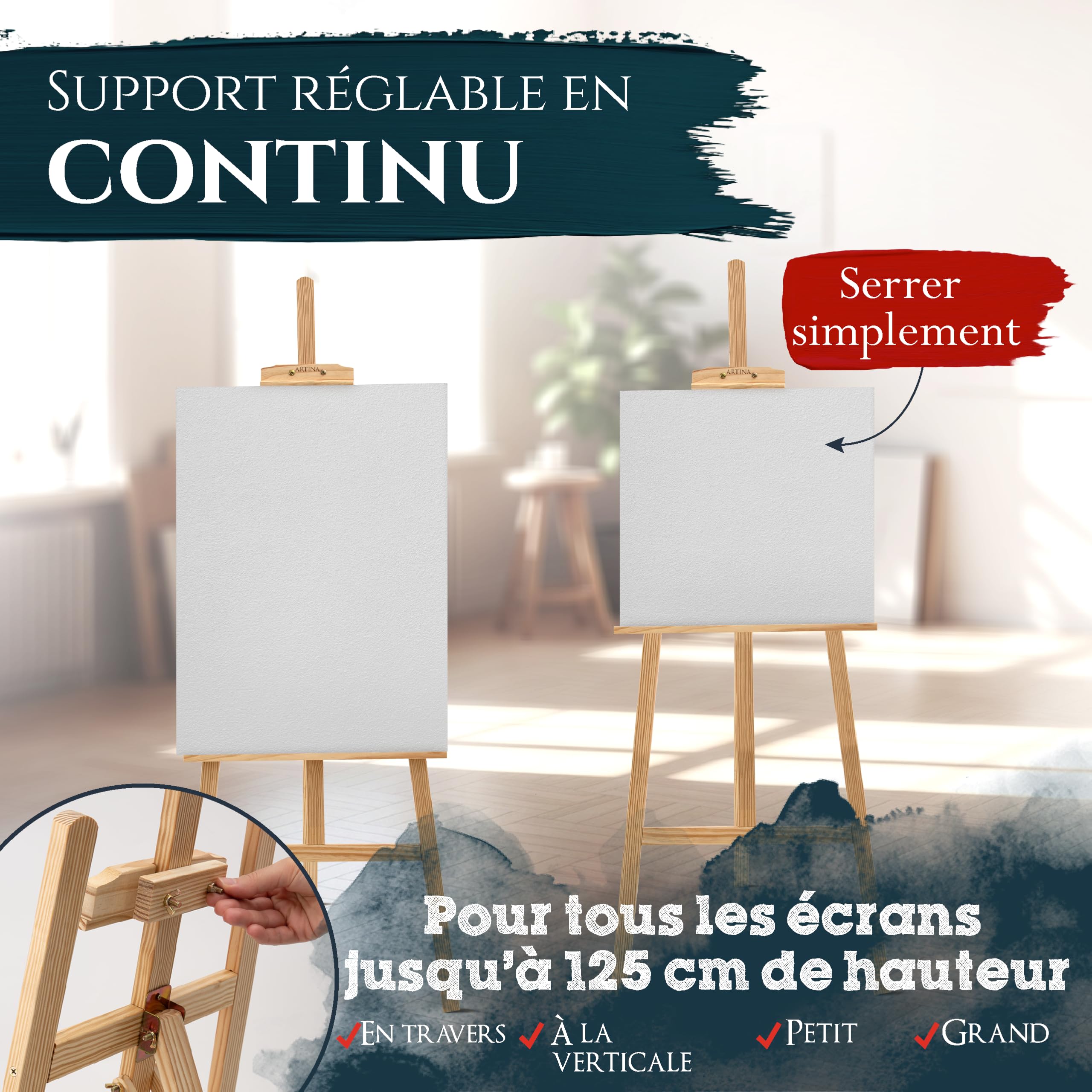 Artina kit peinture acrylique 24 pcs avec chevalet bois 175cm