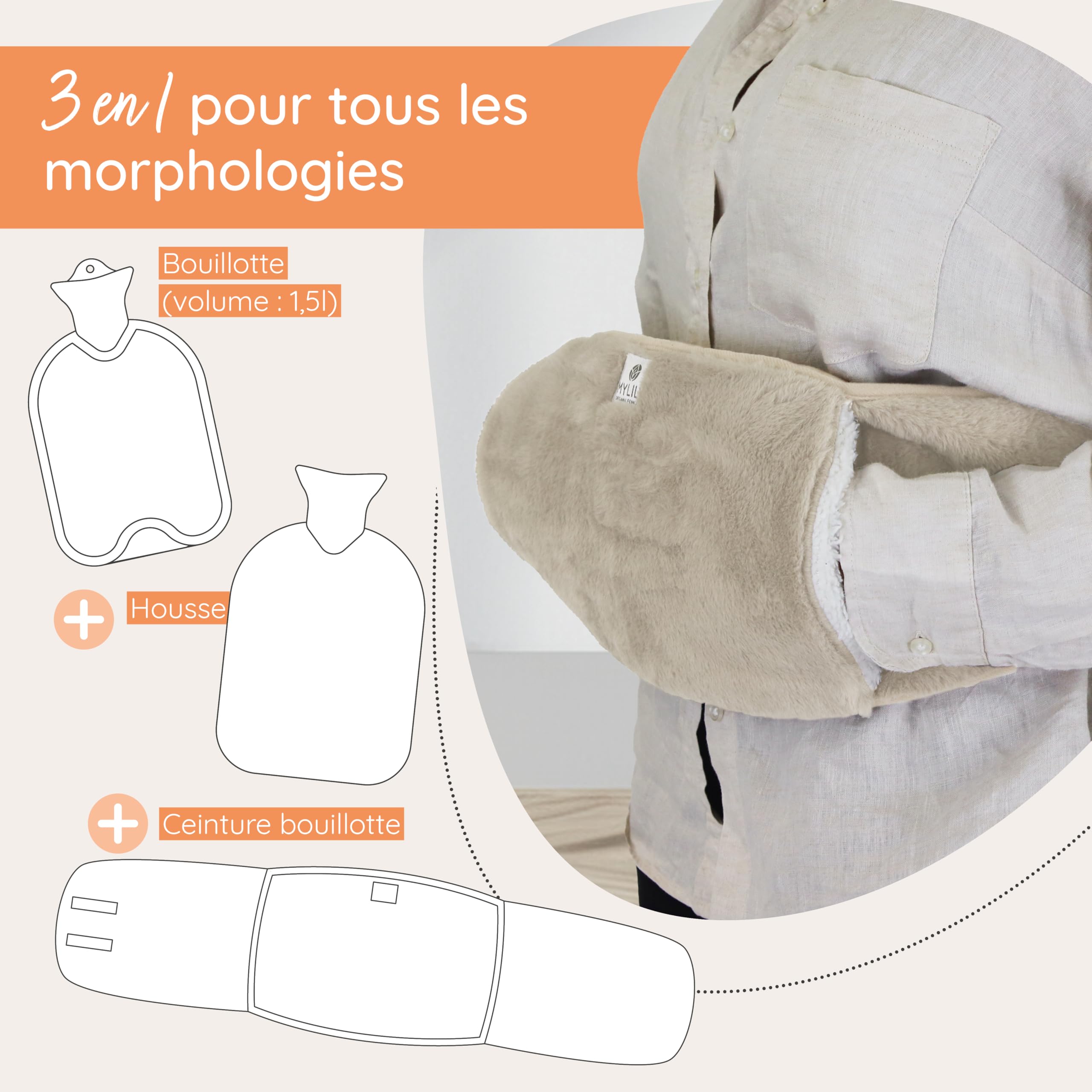 MYLILY ceinture chauffante règles douloureuses, bouillotte 1 l, Beige | 3-en-1, sangle 130 cm scratch, caoutchouc naturel sans BPA, ventre, mains libres, poche avant, lavable