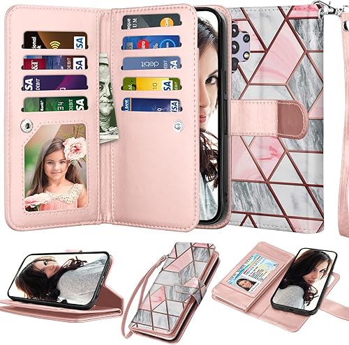 Njjex Funda para Samsung Galaxy A32 5G, para Galaxy A32 5G, 9 ranuras para tarjetas Funda de piel sintética para tarjetas Folio Flip desmontable