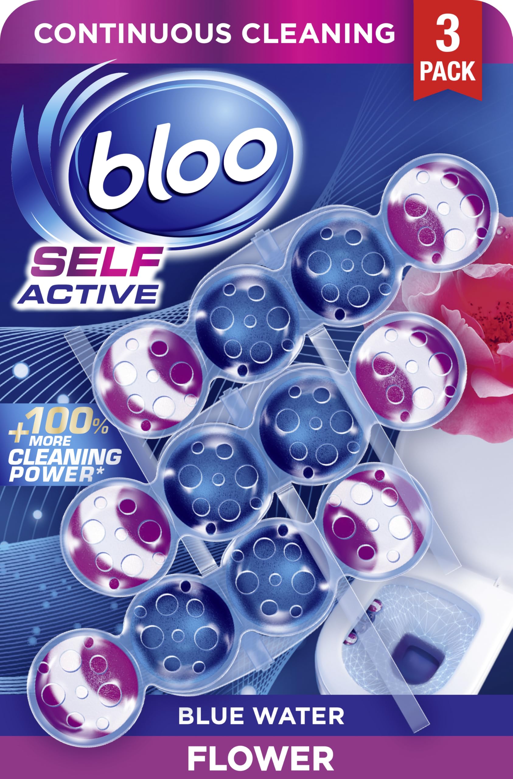 Bloo Self Active Triple Toilet Rim Block and Bowl Cleaner with Flower. Hanging Toilet Bowl Cleaner Rim Block with 100% More Cleaning Power.