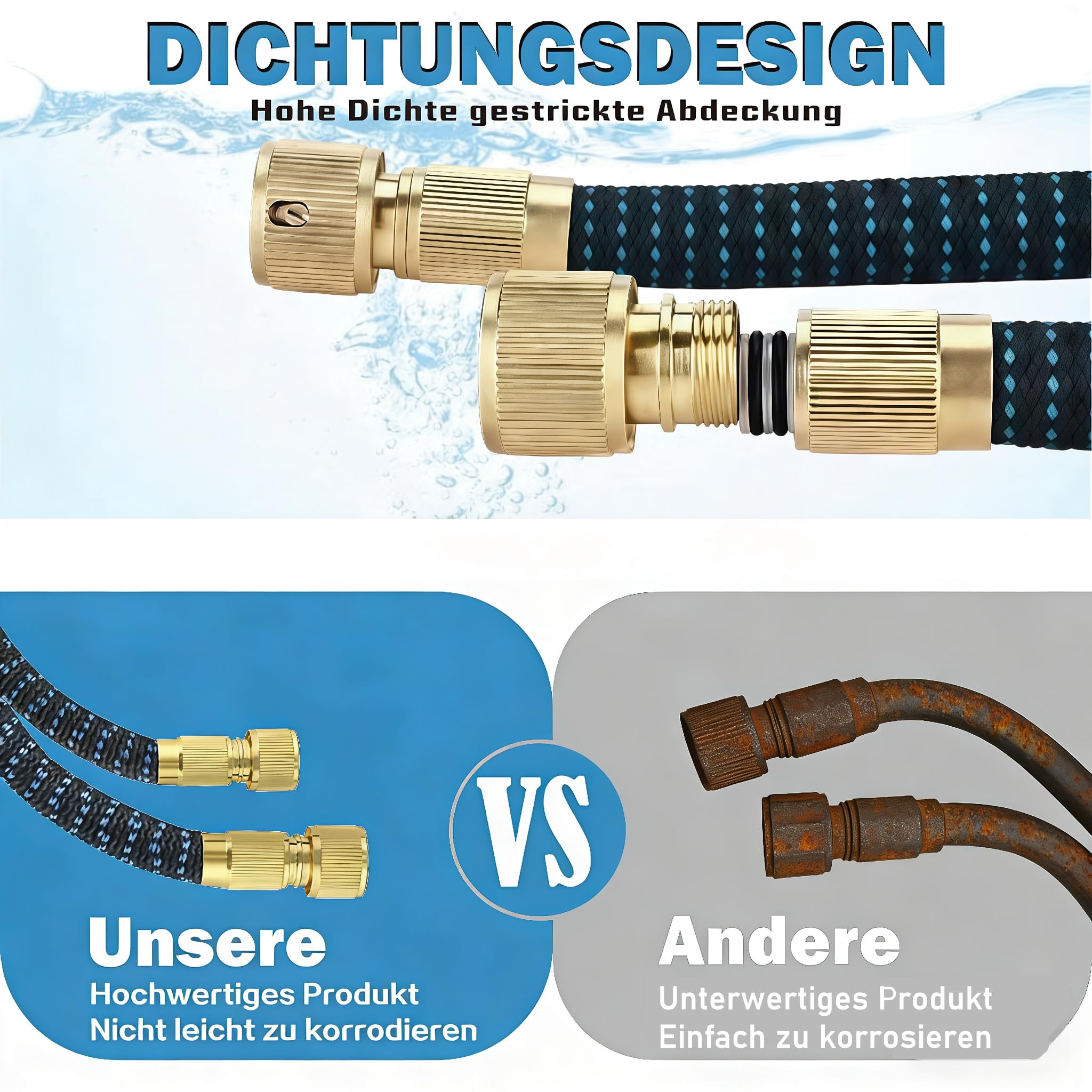 Flexibler Wasserschlauch, Gartenschlauch Flexibel, Bewässerungsschlauch, Dehnbarer Flexschlauc mit 1/2 zoll und 3/4 zoll Messingverschraubungen, 3-Fach Latex Balkonschlauch, Garden Hose (100FT)