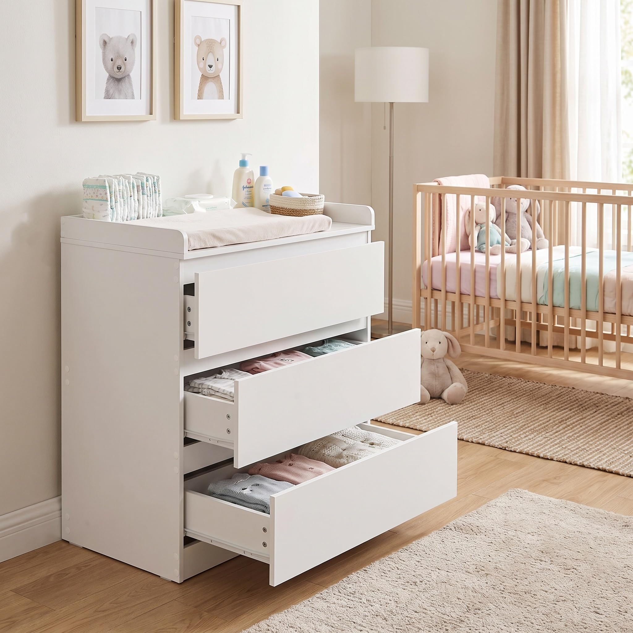 Cassettiera per fasciatoio con cassetti, bianco opaco, cassettiera con 3 cassetti e bordo di sicurezza da 5 cm, con protezione antiribaltamento, moderna cassettiera per la cameretta dei