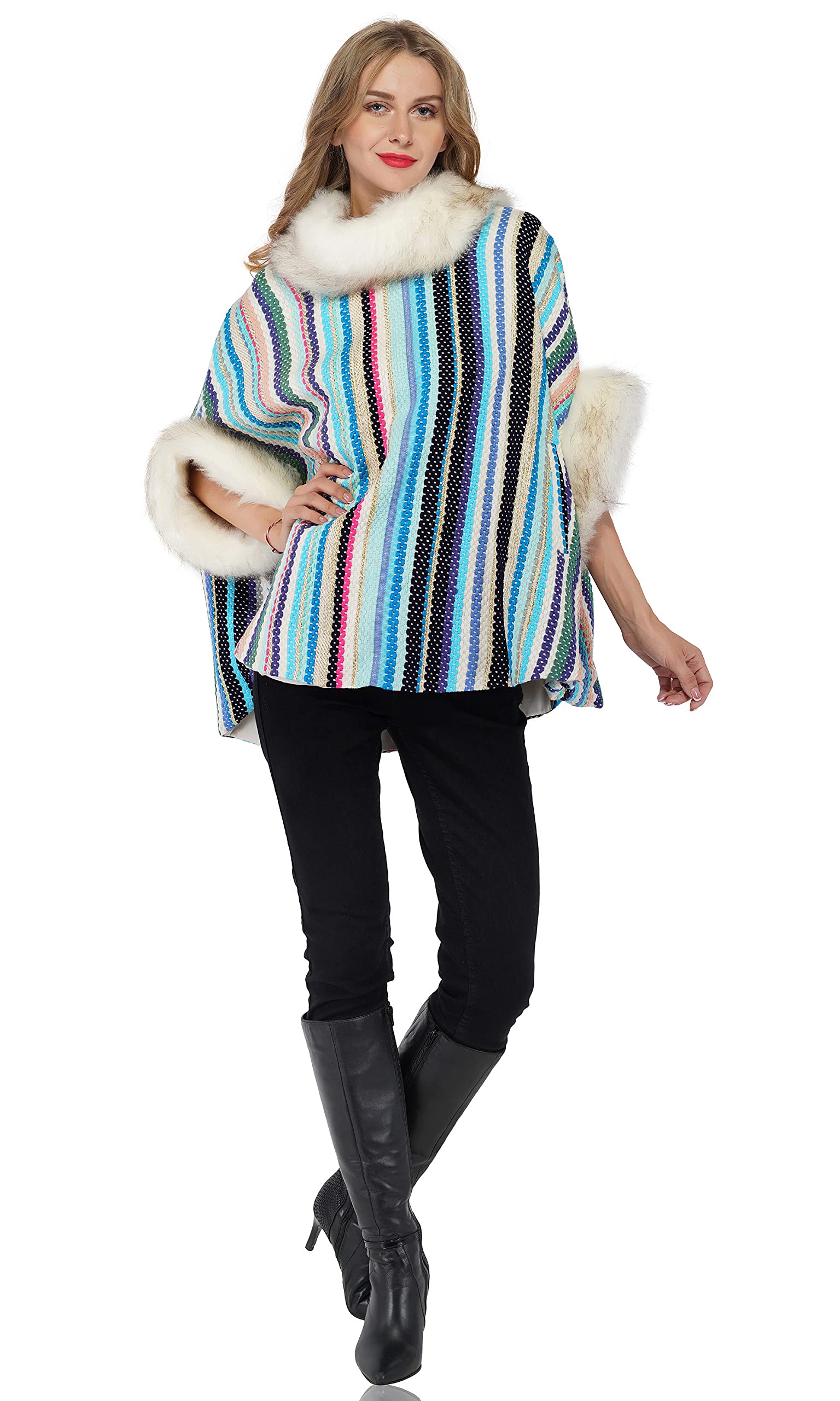 Boho Girl Women's Ice Cold Chic Faux Fur Multicolor Batwing Sleeves Cape