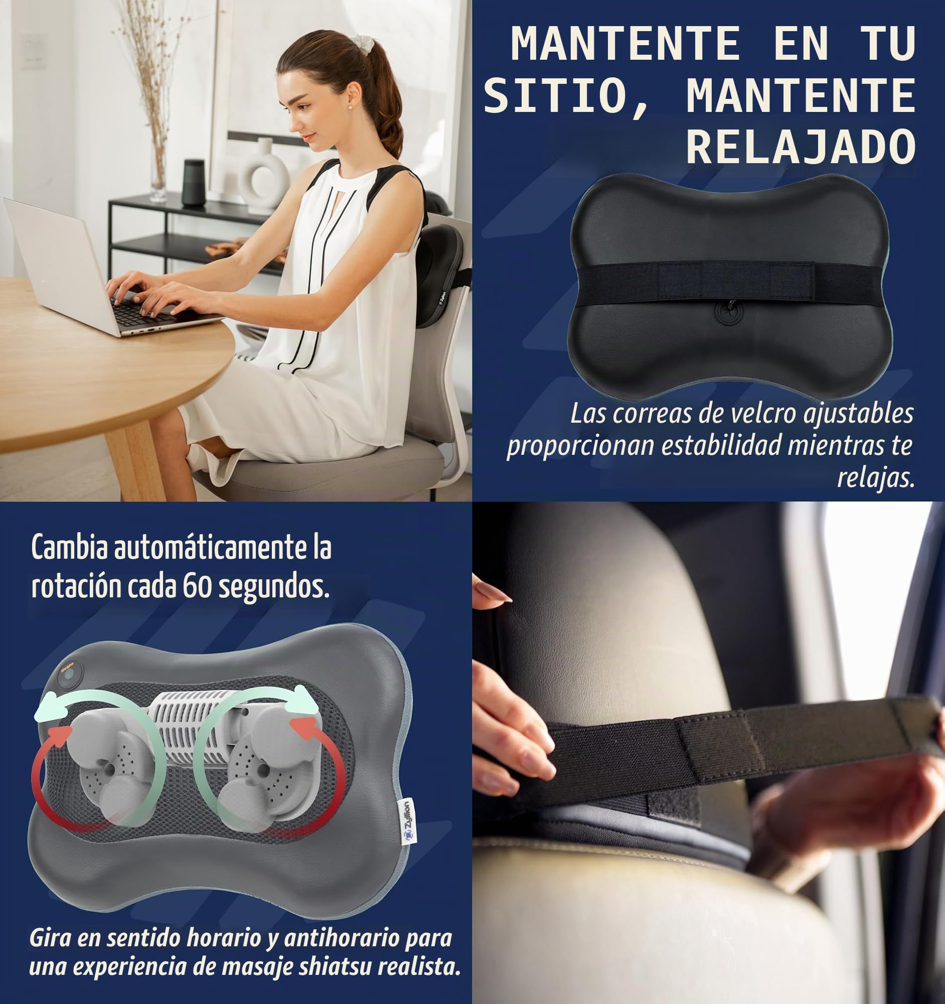 Zyllion Masajeador Shiatsu Espalda y Cuello – Almohada de Masaje Profundo con Calor para Dolor Muscular, Inalámbrico y Recargable – Masajeador Cervical y Espalda 3D, Negro, (ZMA-13RB-BK)