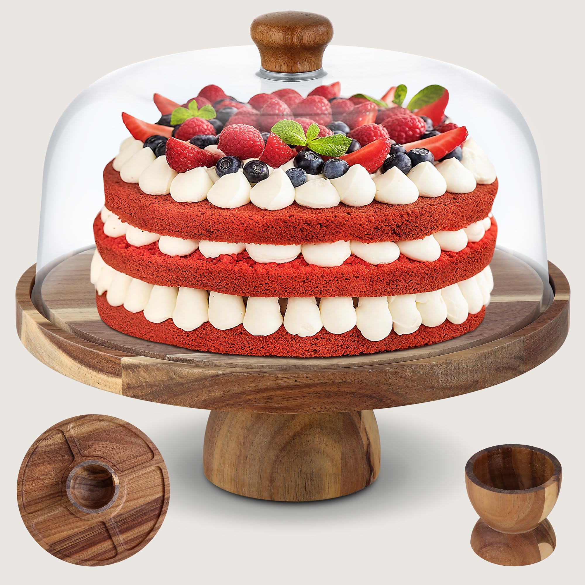 MEETOZ Alzata per torte in legno di acacia con coperchio in acrilico