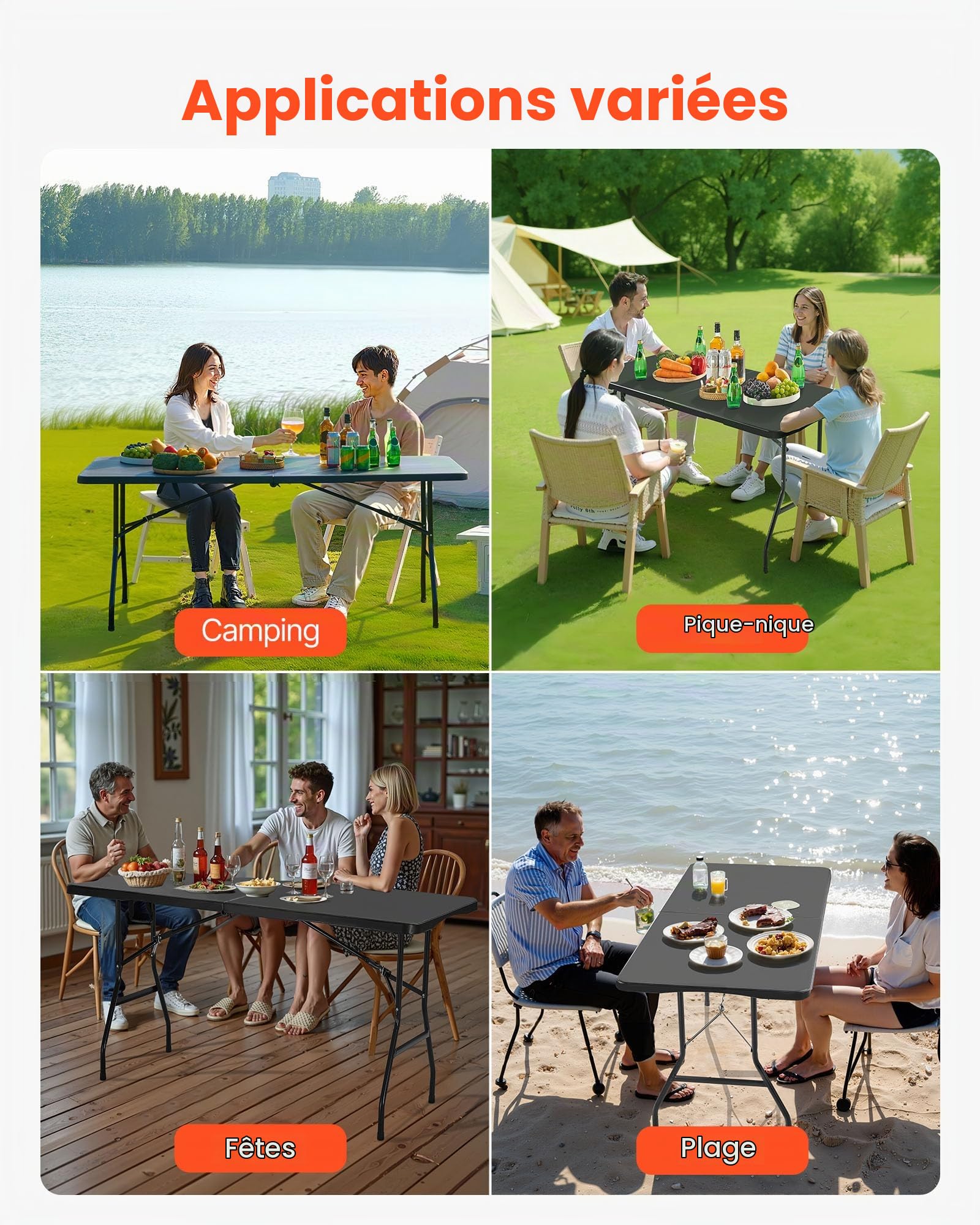 VEVOR Table Pliante Rectangulaire en Plastique, Table Utilitaire Portable de 180 cm, Solide et Stable, avec Poignée Intégrée, pour Soirée, Pique-Nique et Camping, Intérieur et Extérieur, Noir