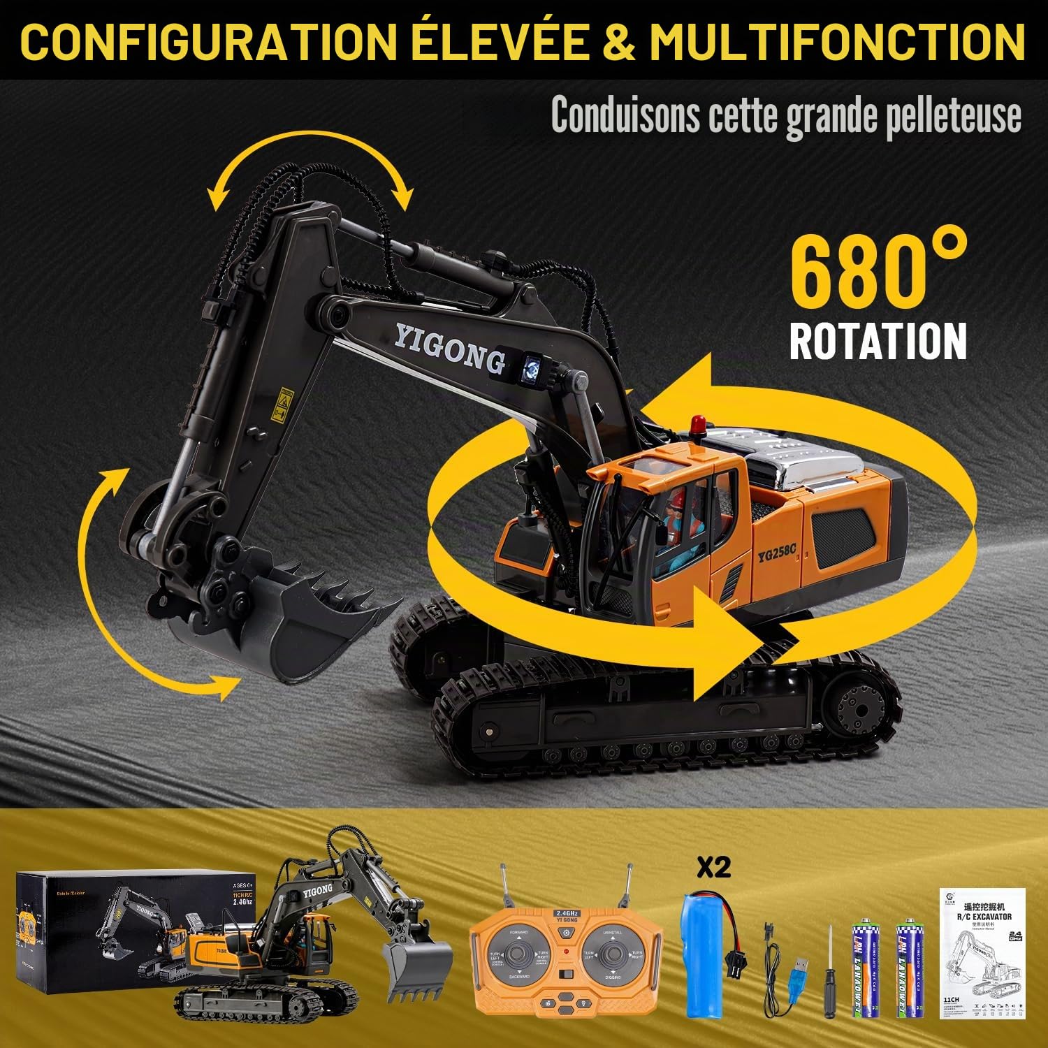 Excavatrice télécommandée à partir de 6 Ans, Jouet d'excavatrice RC Pelle en métal, Rotation à 680 °, lumière et Effets sonores, Jouet Digger Enfants 7 8 9 10 11 12 Ans
