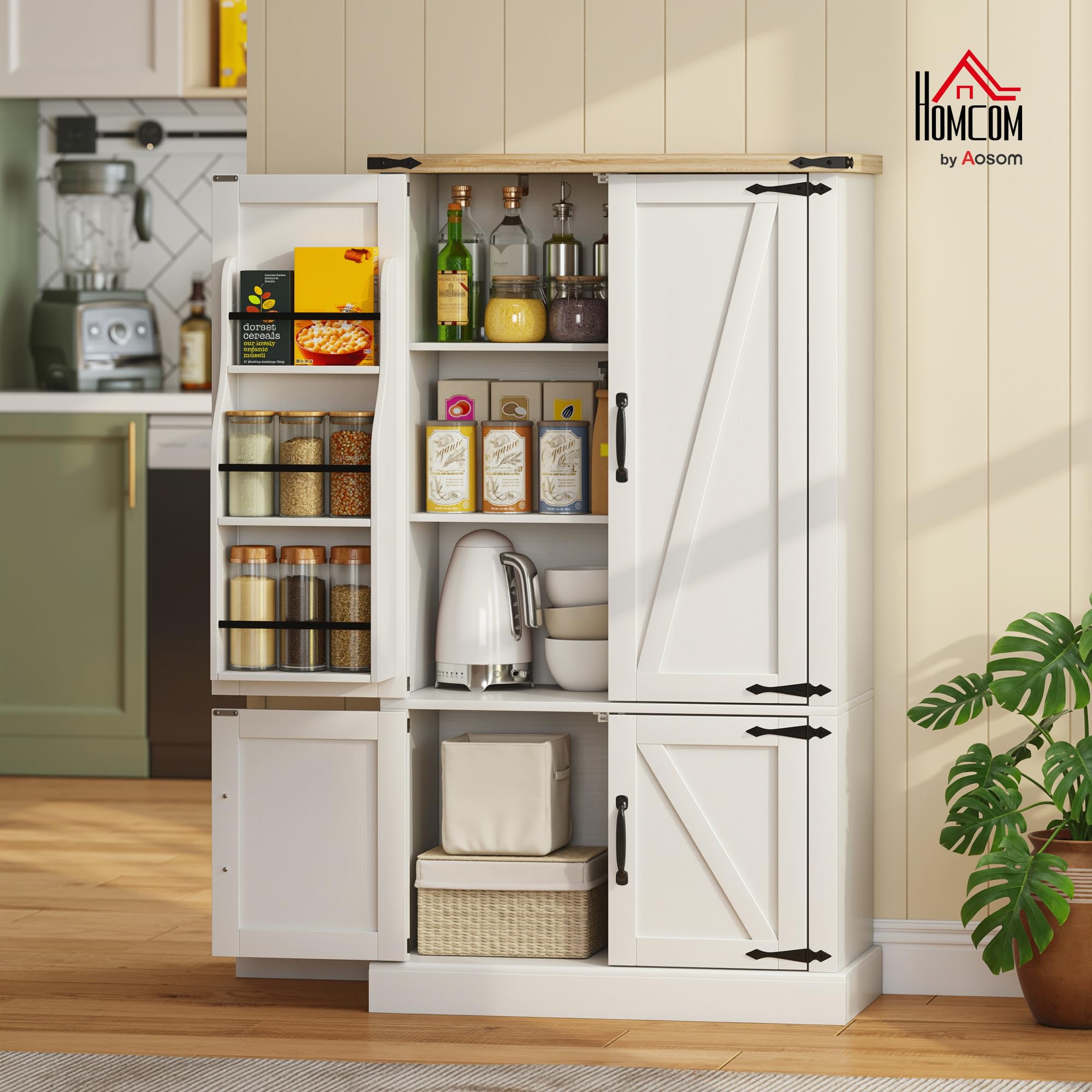 HOMCOM Credenza da cucina, mobile da cucina, mobile per porcellane, 4 ante, 6 portaspezie e ripiani regolabili, stile rustico, mobile contenitore per soggiorno, sala da pranzo, 76,3 x 40 x 136 cm,