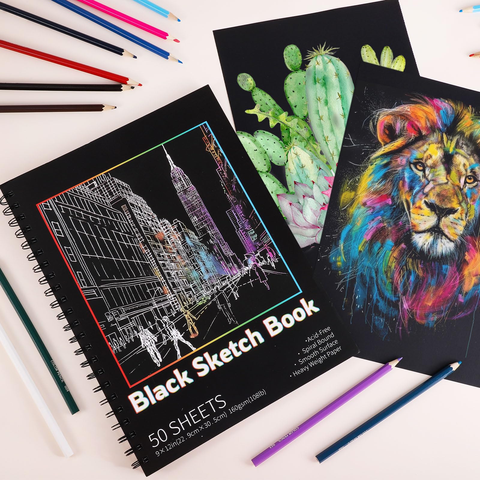 Lot de 2 carnets de croquis en papier noir de 100 feuilles, 160 g/m², 22,9 x 30,5 cm, papier à dessin sans acide, carnet de croquis à spirale pour enfants, adolescents, artistes.