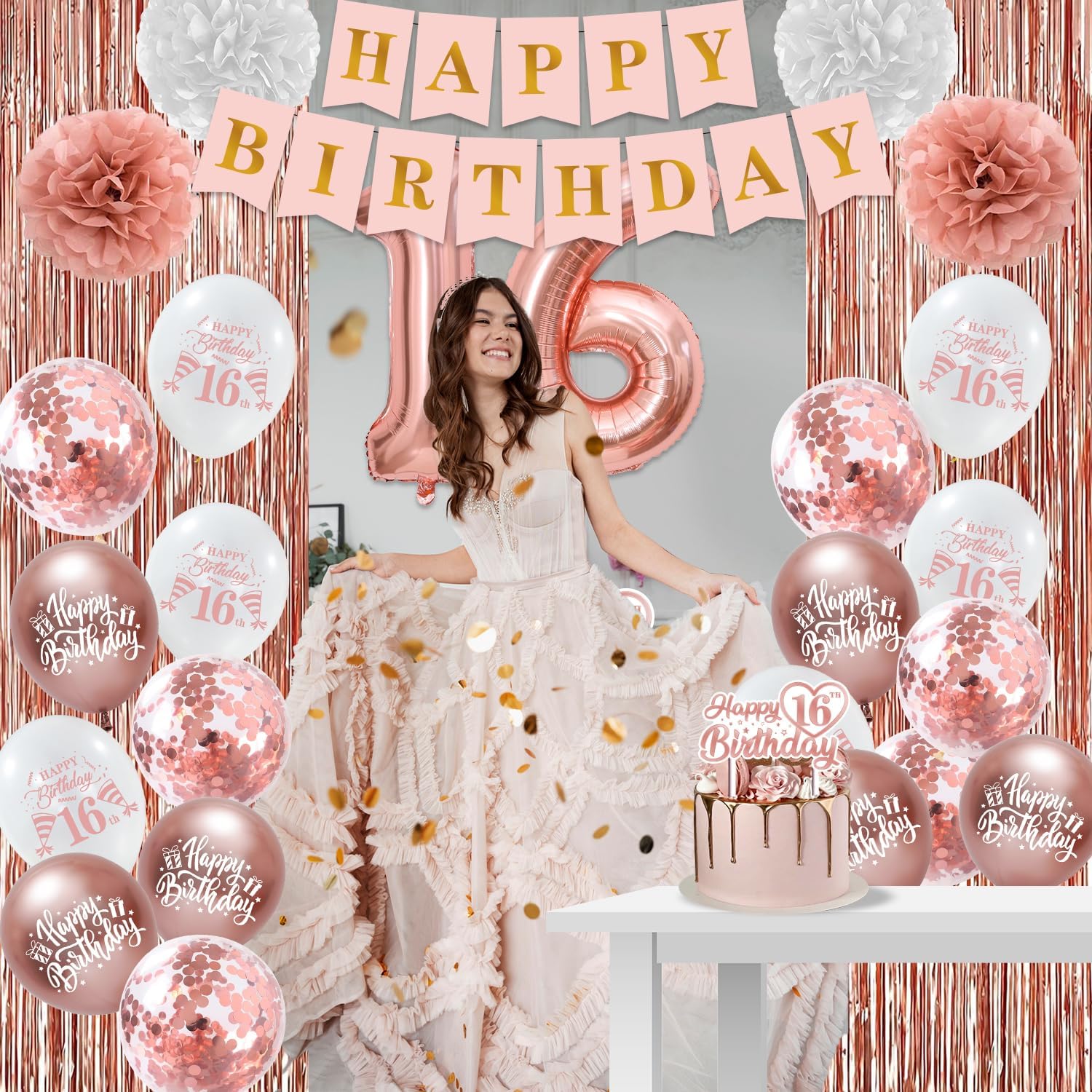 sweet 16 party decorations, 16th birthday decorations for girls, rose gold happy birthday banner fringe curtains number balloons cake topper paper pom poms