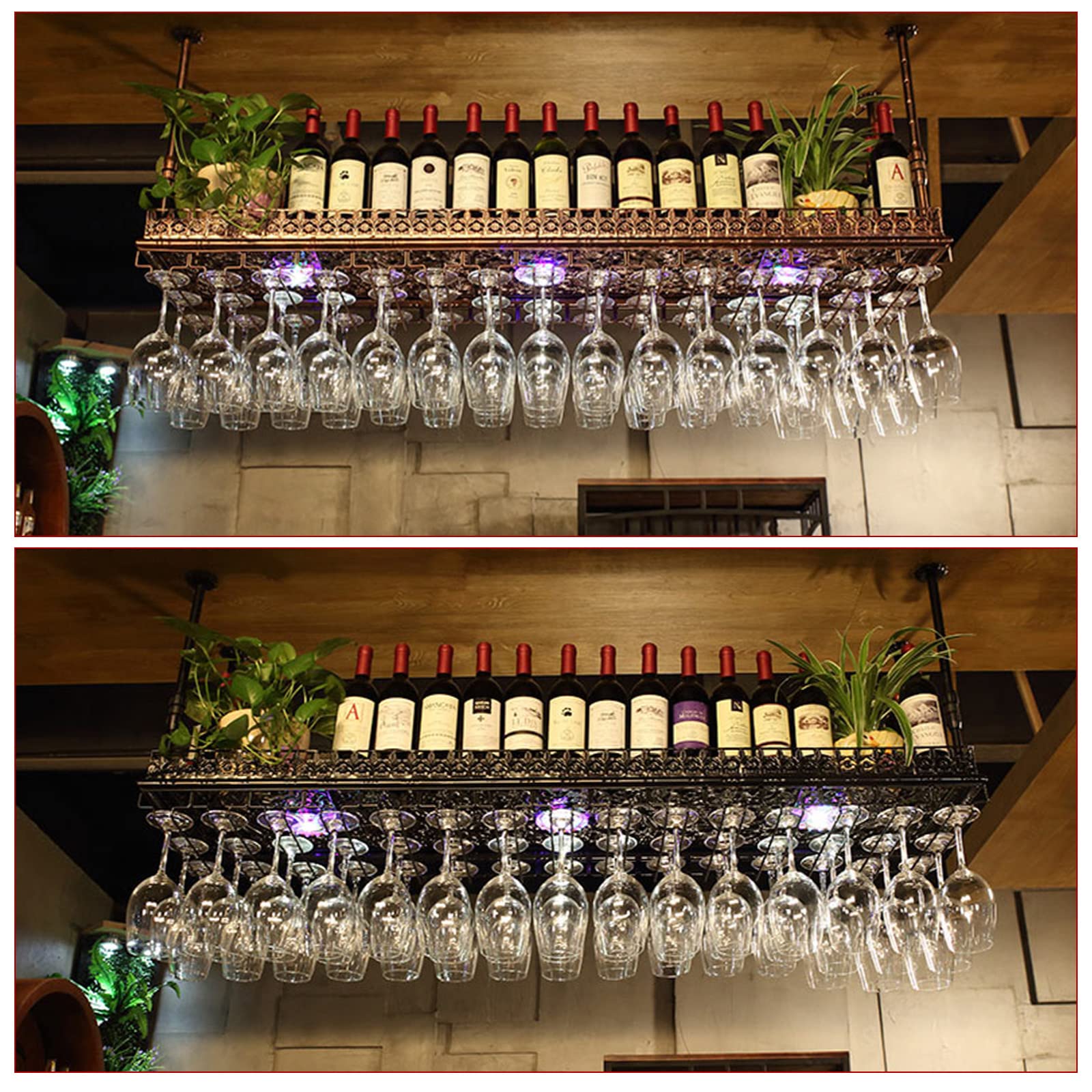 Portabottiglie da Appendere Capovolto, Porta Bicchieri da Vino, Altezza Regolabile 30-60 cm, espositore per Bar, ristoranti e cucine.