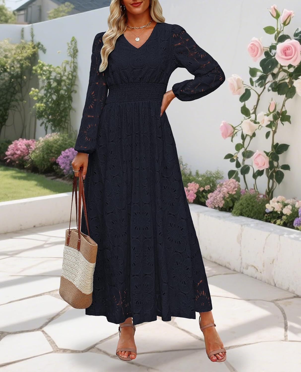 Women's Long Puff Sleeve Floral Maxi Dress V Neck Lace Eyelet Hollow Out A Line Flowy Boho Spring Wedding Guest Party Dresses - Image 2