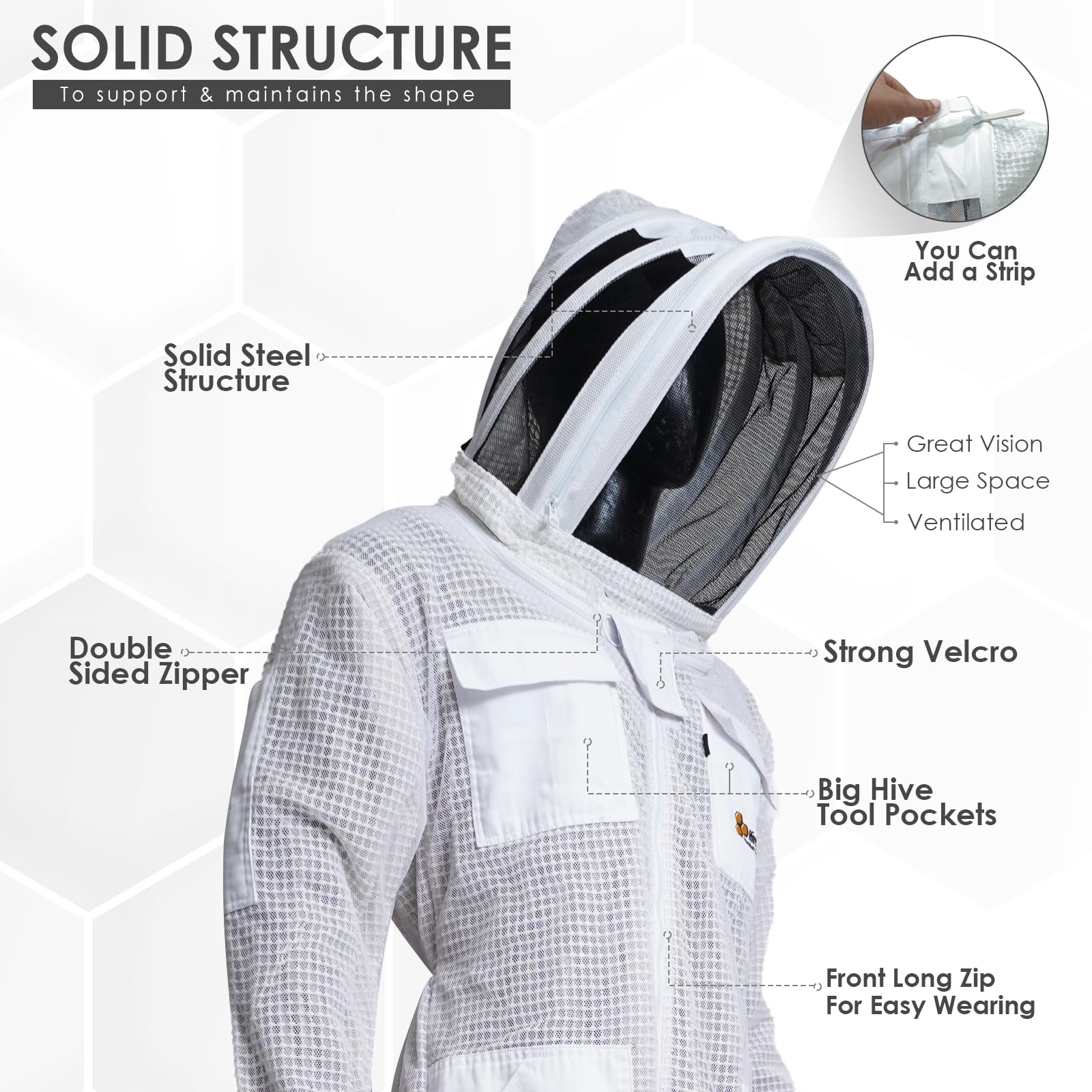 Tuta professionale a 3 strati per apicoltura da uomo e donna, con cappuccio ventilato anti-puntura, colore bianco, a 3 strati, con guanti in pelle