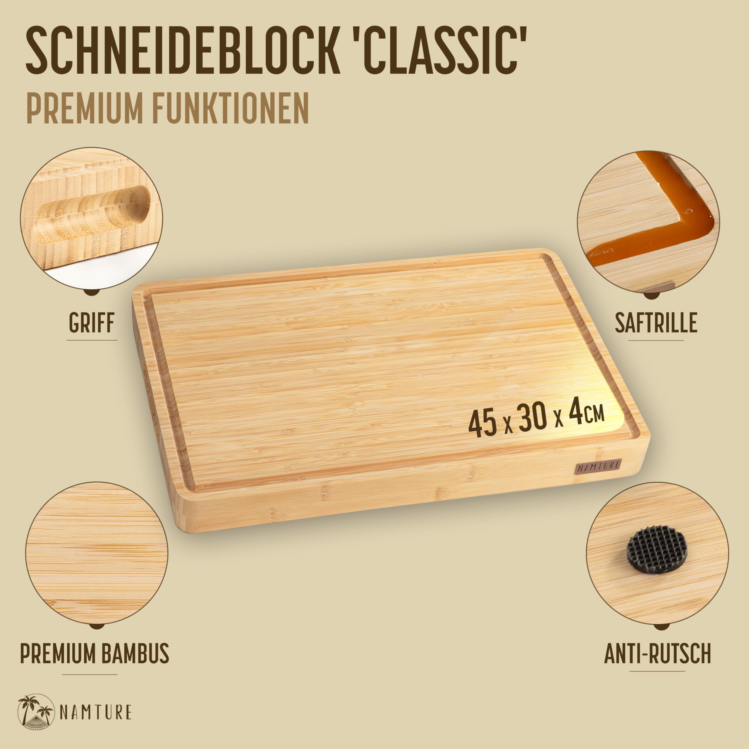 Namture Hackblock Classic  Extra Dick 4 cm  Bambusholz Stirnholz  Schneidebrett 45 x 30 cm  Premium lbehandlung  Saftrille, Griffmulden,  Antirutsch-Fe  in edler Geschenkbox : Amazon.de: Kche, Haushalt & Wohnen