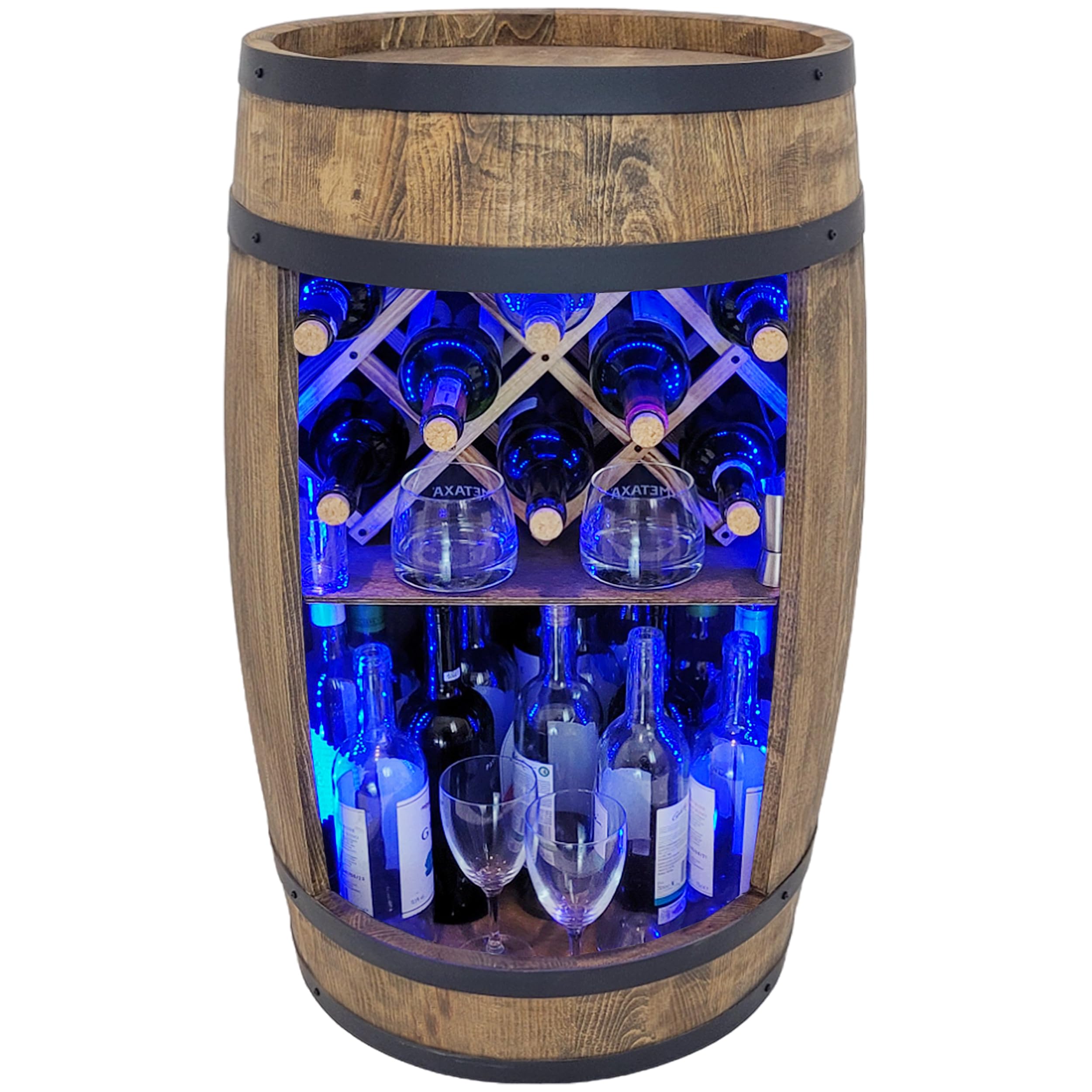 WEECO Tonneau Bar en Bois avec Éclairage LED RGB – Casier à Vin avec 2 Étagères et Porte-Bouteilles – Bar Meuble Rustique – 80x50cm – Marron Foncé