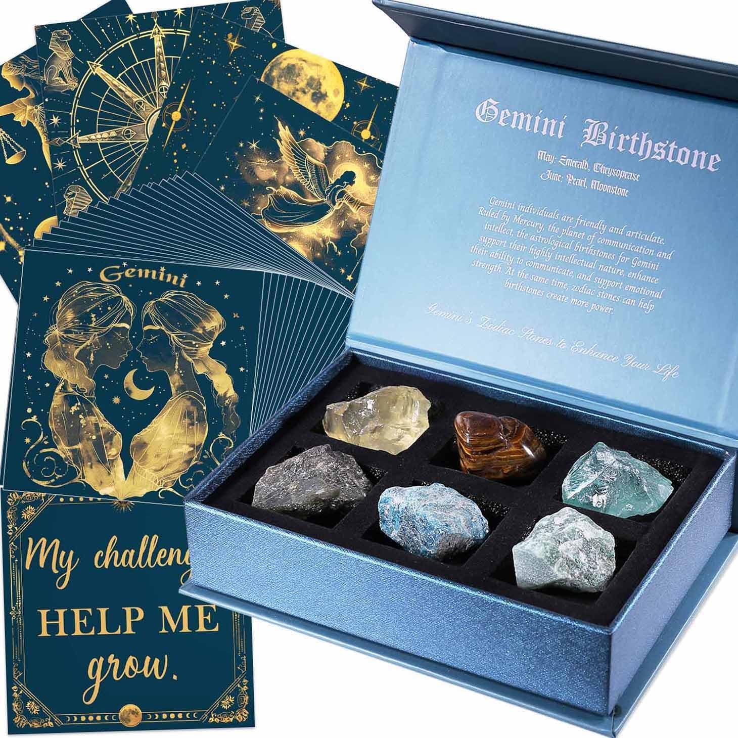 Faivykyd Gemini Crystals Gift for Women - 6 Gemini Zodiac Natural Stones w/50 Miracle Mantras Affirmation Cards, Healing Astrology Gifts for Motivation, Promote Positive Energy