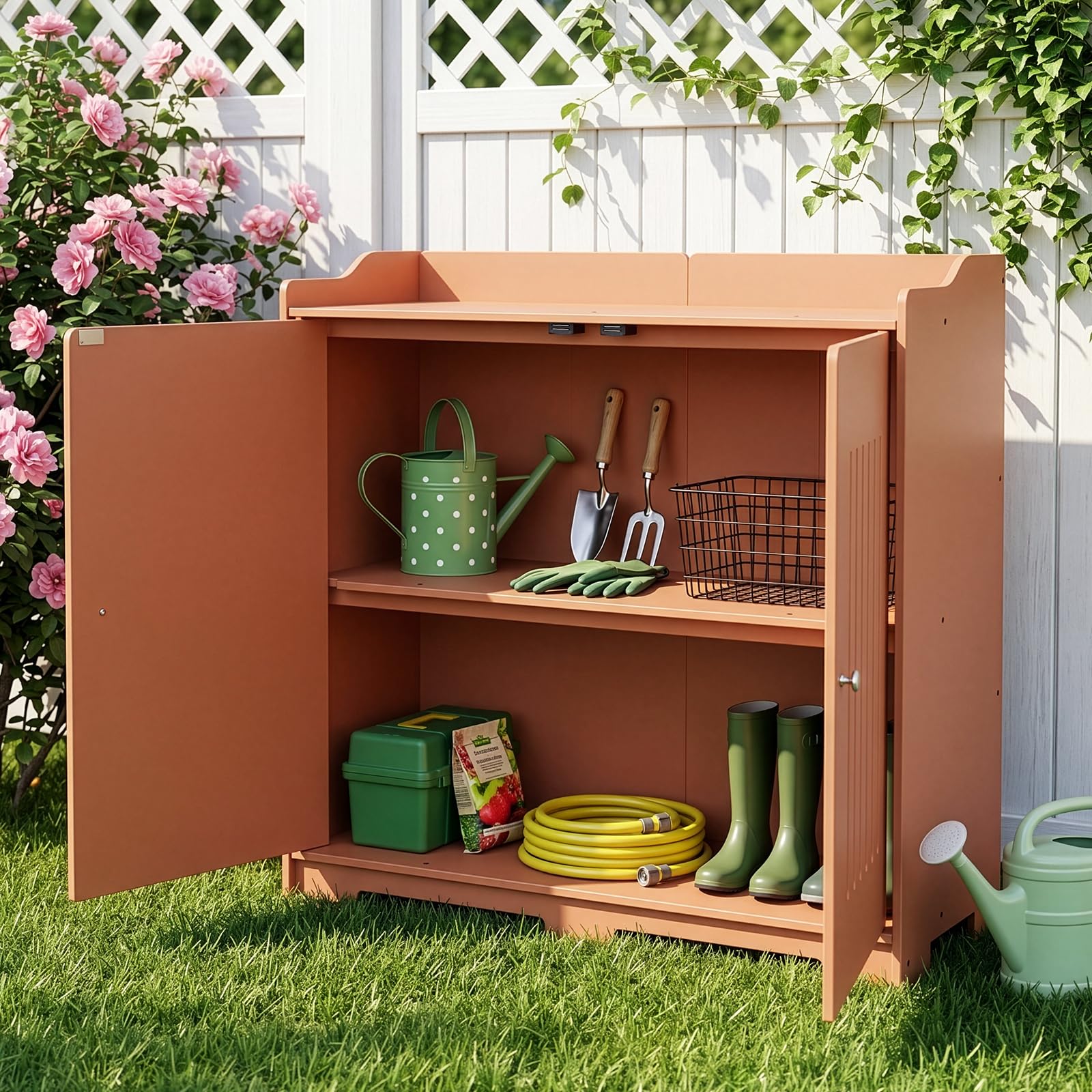 Gartenschrank mit Pflanztisch, Gartenschrank wetterfest Outdoor, 97 x 39 x 95 cm, Hochwertiges PVC-Material, Leicht zu pflegen und zu reinigen, braun