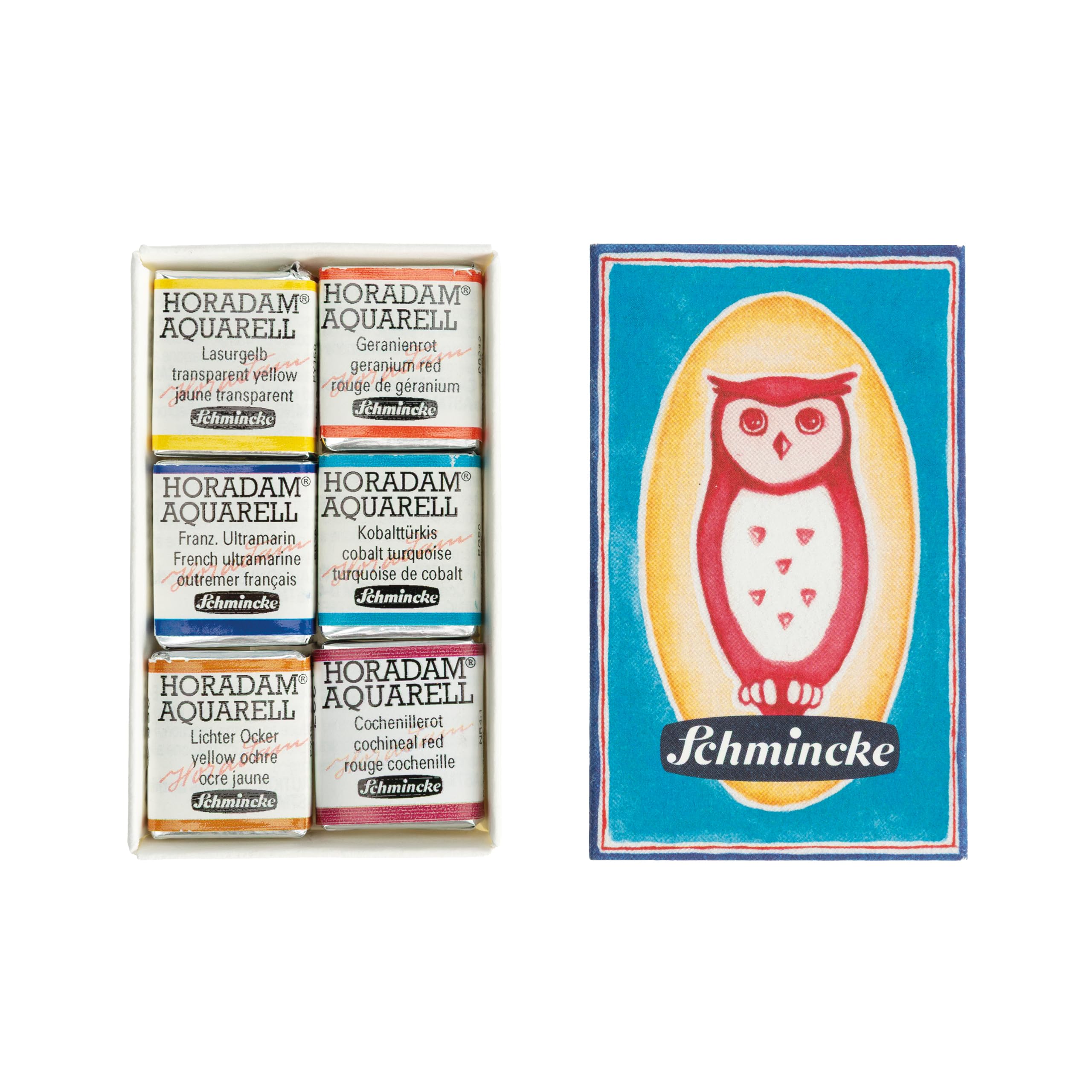 Schmincke HORADAM AQUARELL Lot de 6 boîtes d'allumettes aquarelle très fines, 74671097, 5 tons standard, ton spécial rouge cochenillé, 6 demi-godets