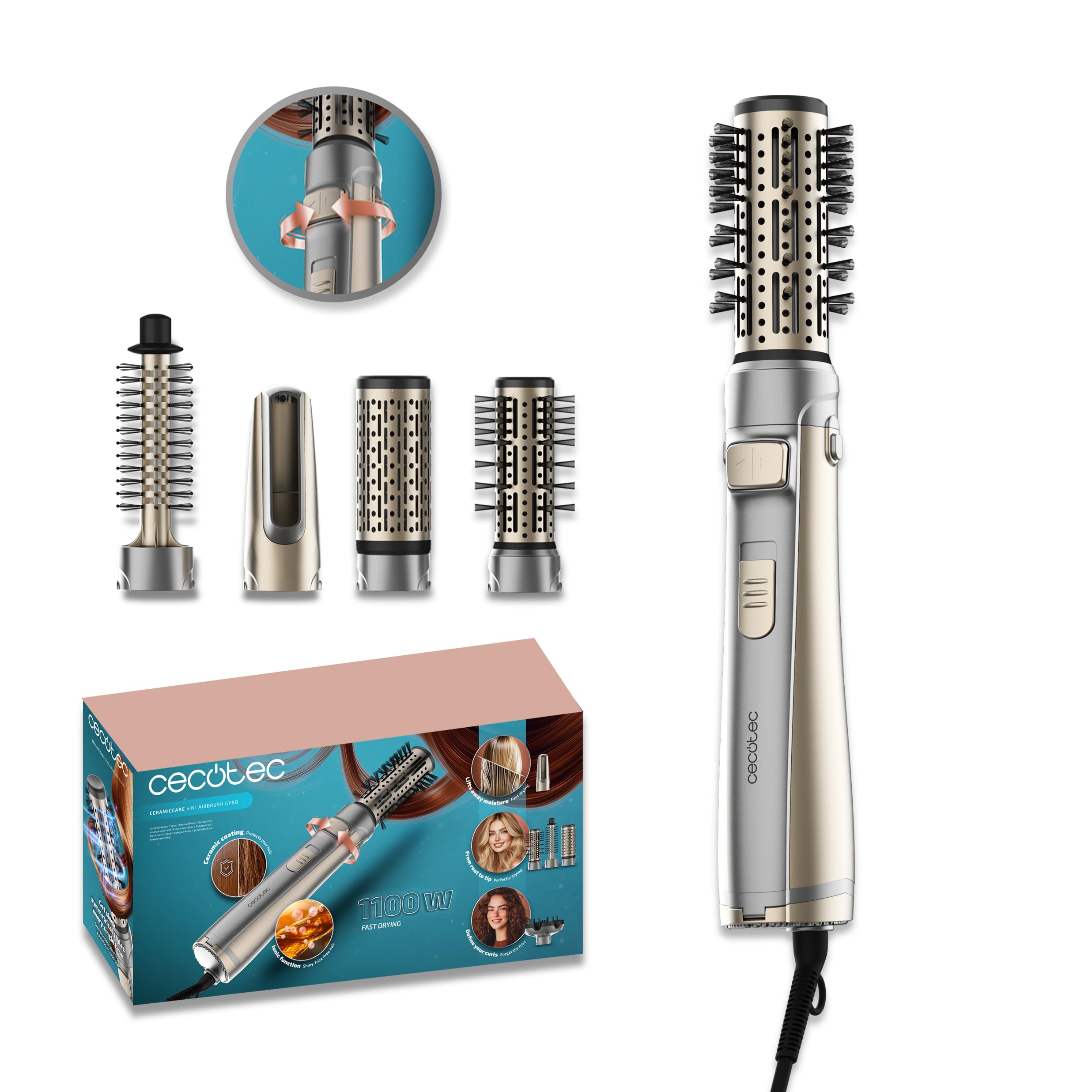 Cecotec Spazzola per Capelli Rotativa CeramicCare 5in1 AirBrush Gyro Elite.1100W, Funzione Ionica, 5 Testine, Funzione Rotativa Bidirezionale, Rivestimento Ceramica, Punta Fredda, 3 Modalità Temp.