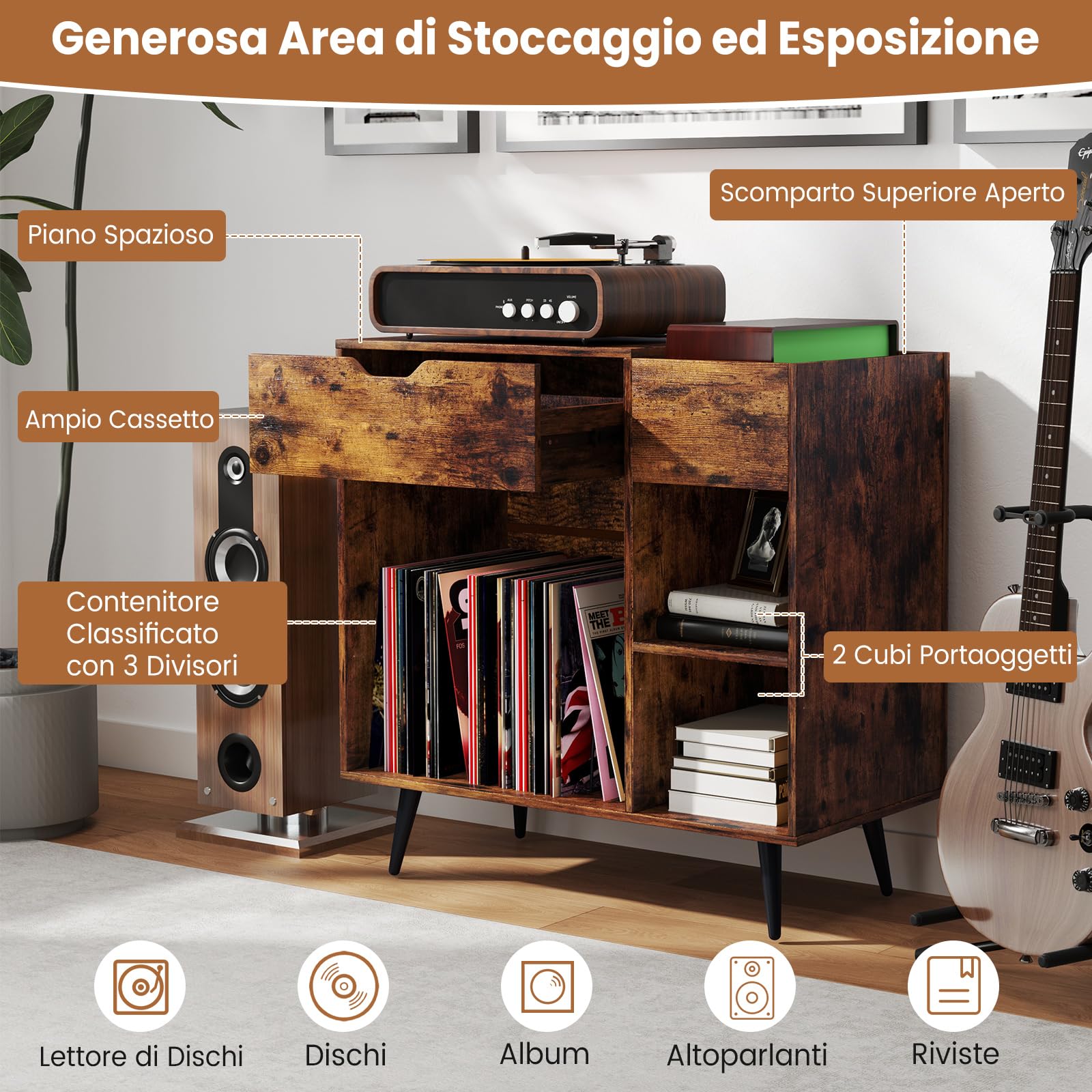 RELAX4LIFE Supporto per Giradischi con Stazione di Ricarica, Mobile Porta Dischi Multistrato, Espositore in Legno per Dischi per Ufficio, Soggiorno, 79,5 x 40 x 79 cm