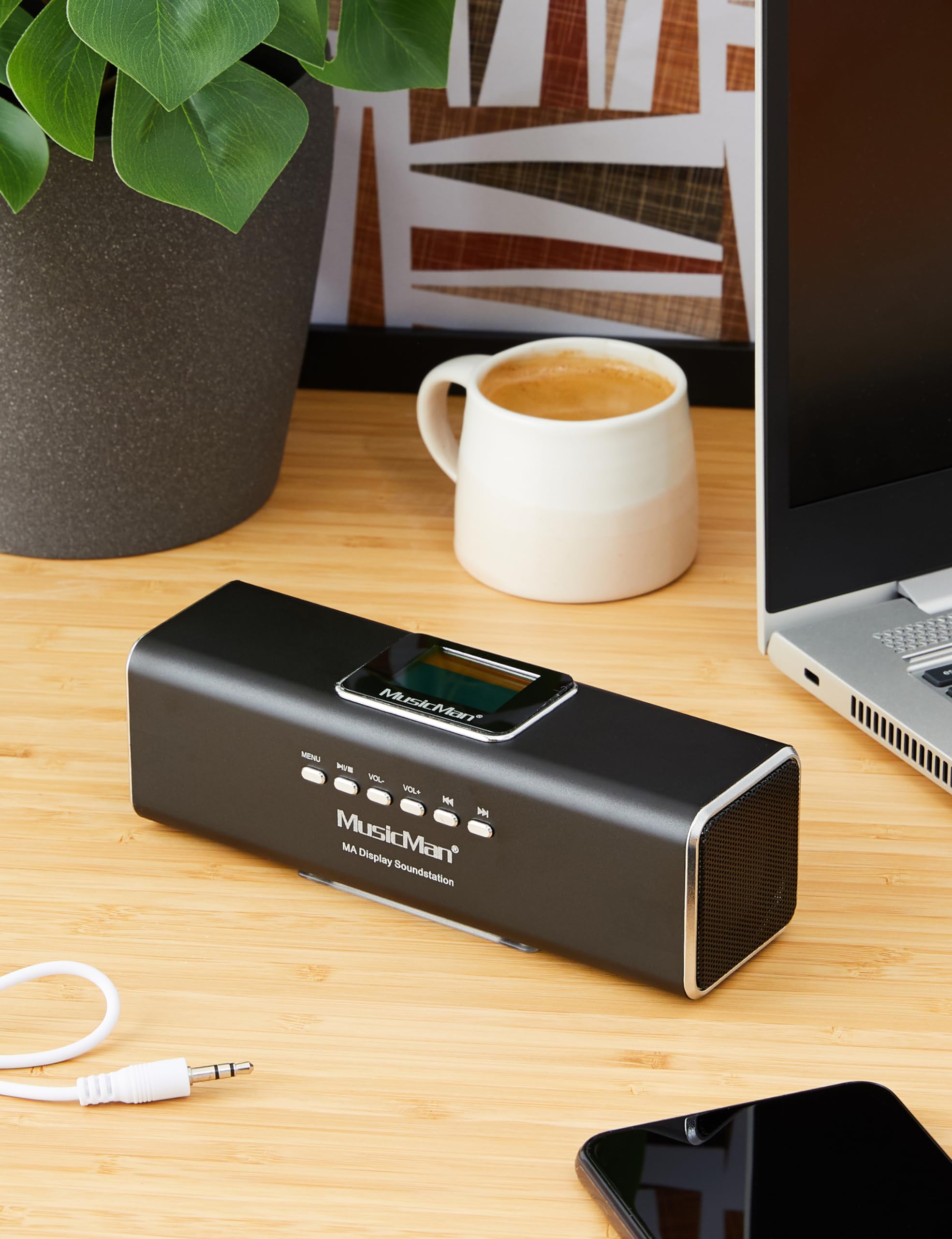 MusicMan MA Soundstation (3547) – Enceinte Stéréo Portable avec Écran LCD – Lecteur MP3, Radio FM, Port USB & MicroSD – Batterie Rechargeable – Entrée AUX – Station Sonore en Aluminium Compacte (Noir)