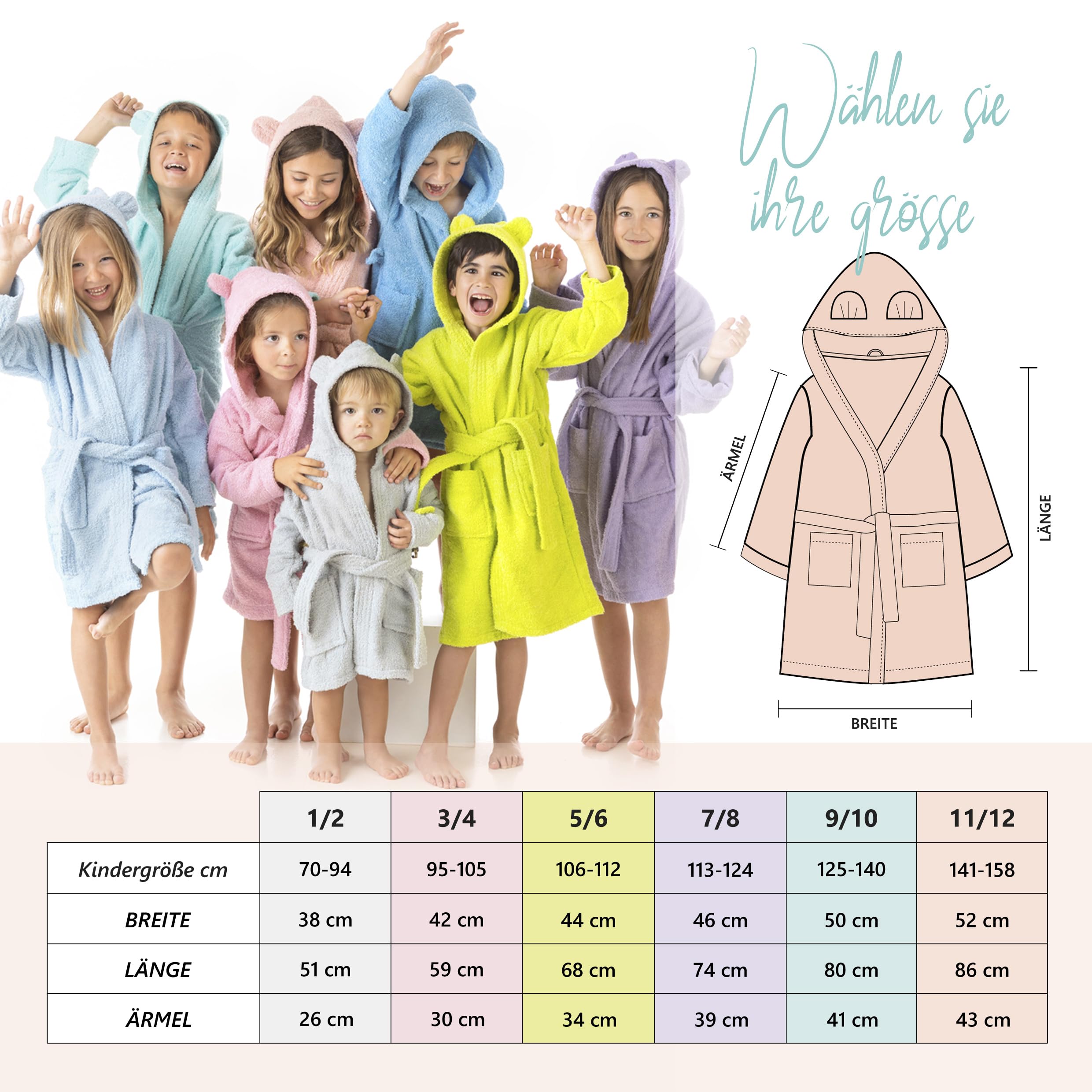 LEBENGOOD Bademantel für Kinder, Mädchen, Unisex, Kinder mit Ohren, 100% Baumwolle, Oeko-Tex®, 2 Taschen, Gürtel, Kapuze