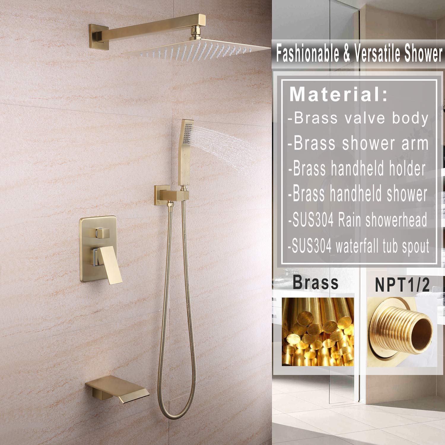 Buy Brushed Gold Shower Fixtures with Waterfall Tub Spout Shower Faucet