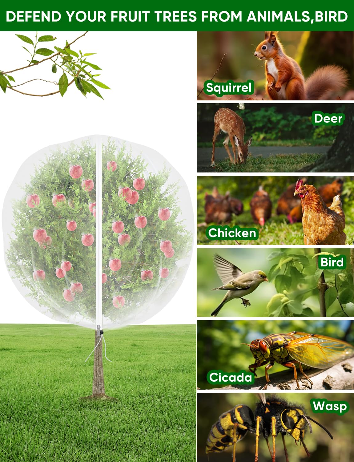 Red para árboles frutales con cremallera, 2 unidades de 8 x 5.3 pies, red de jardín para arbustos de arándanos con cordón, bolsas de malla de protección de plantas de insectos para tomate, flores,