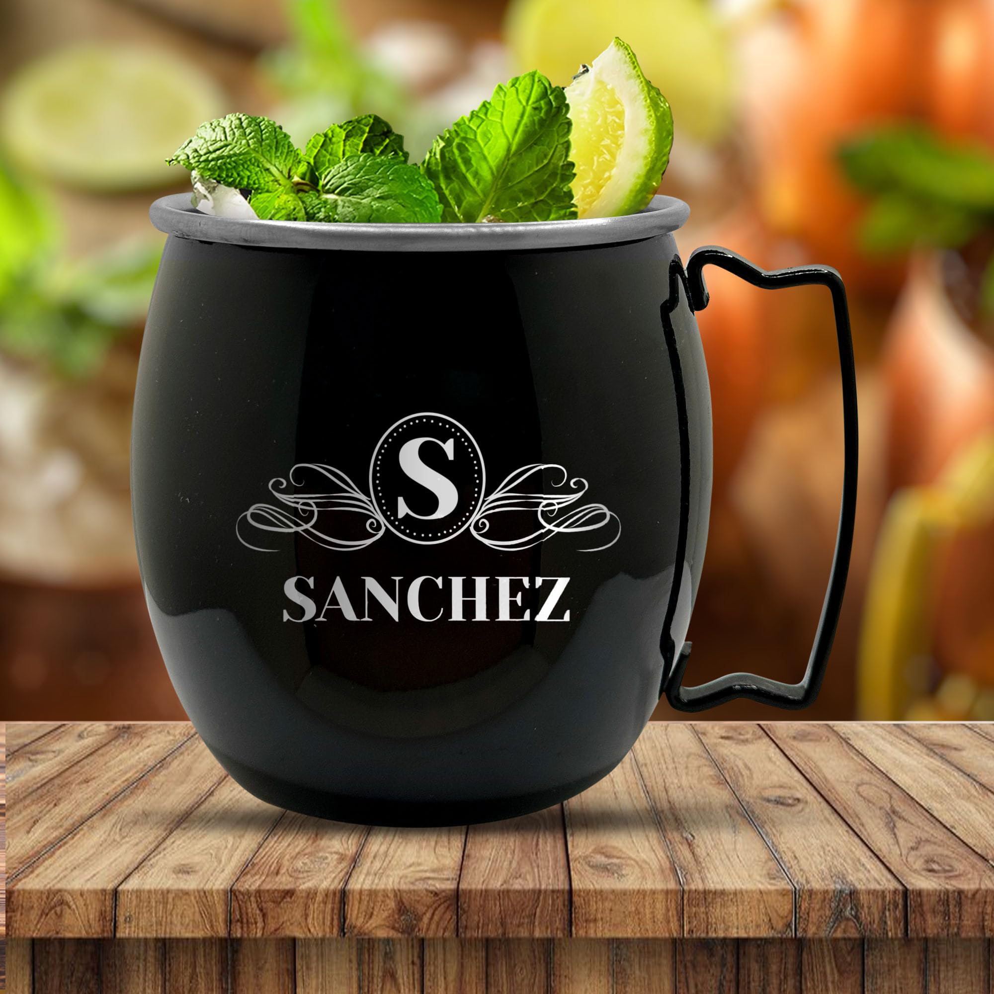 Personalized Custom Smooth Finish Black Moscow Mule Mugs with Ribbon Initial Family Name Monogram Engraved Bar Style Cup, 16 oz | Single