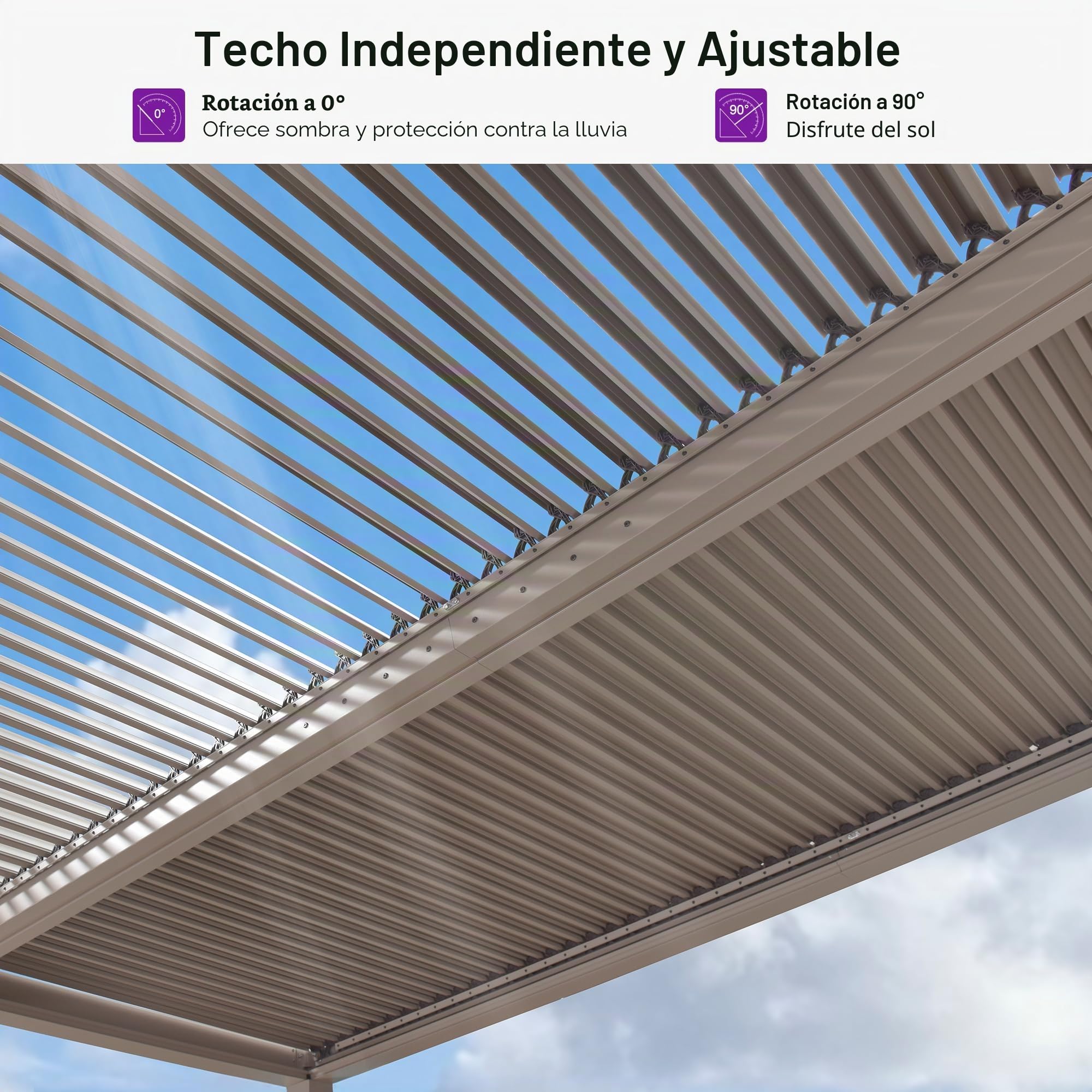 PURPLE LEAF Pérgola bioclimática 4,6 x 3 m, pérgola de jardín exterior en aluminio, cenador de jardín exterior sin mantenimiento con sistema de drenaje para terraza y balcón, color champán