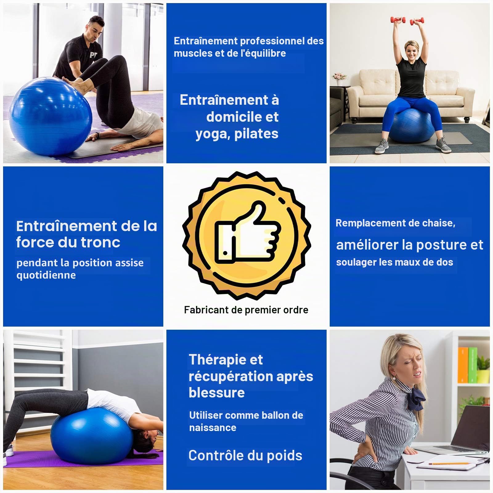 Flintronic Ballon Fitness Anti-Explosif Ultra-Épais avec Pompe Pied, Balle de Yoga 65/55cm