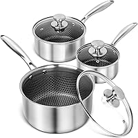 Michelangelo Triple Ply Stainless Steel Saucepan Set 1QT 2QT 3QT with Honeycomb Nonstick Interior & Glass Lids - 6pc