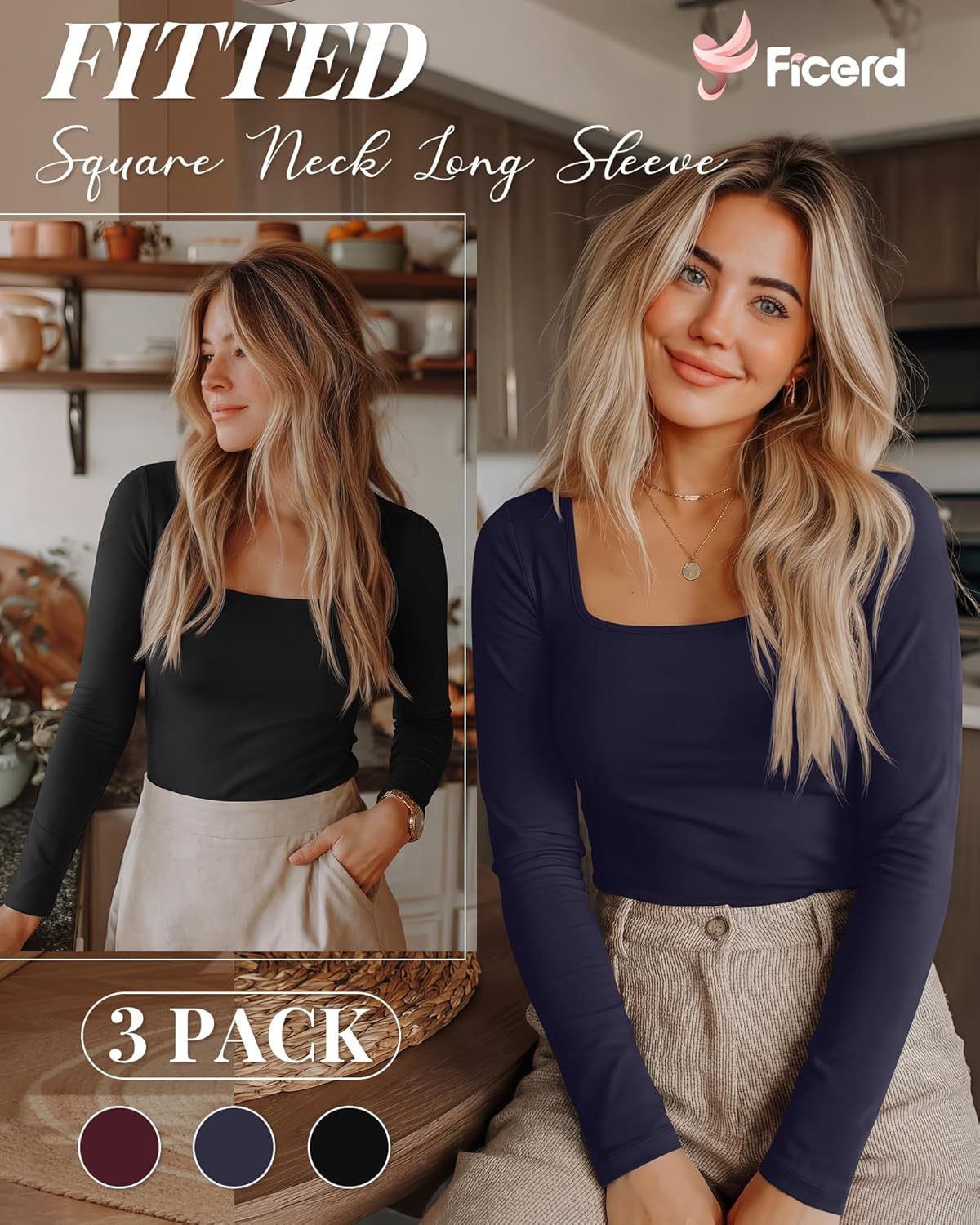 Ficerd 3 Pack Square Neck Tops for Women Long Sleeve Going Out Slim Fit Shirts Basic Tees 2026 Winter Y2k Clothes - Image 3