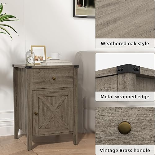 Miniatura 33 de Betterhood Barnwood - Mesita de noche rústica con estación de carga, mesa auxiliar con puerta de granero y cajones, mesa auxiliar estilo roble Roble