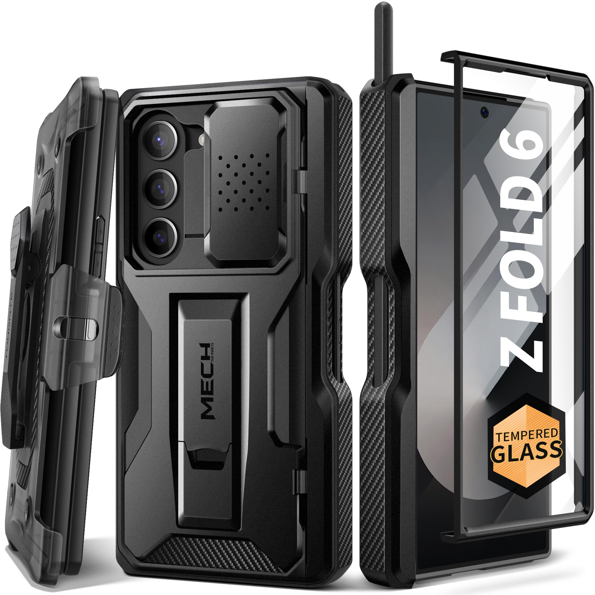 TONGATE for Z Fold 6 Case with S Pen Slot & Hinge Protection, Tempered Glass Screen Protector, Full-Body Military Drop Protection, Kickstand & Belt Clip, Black